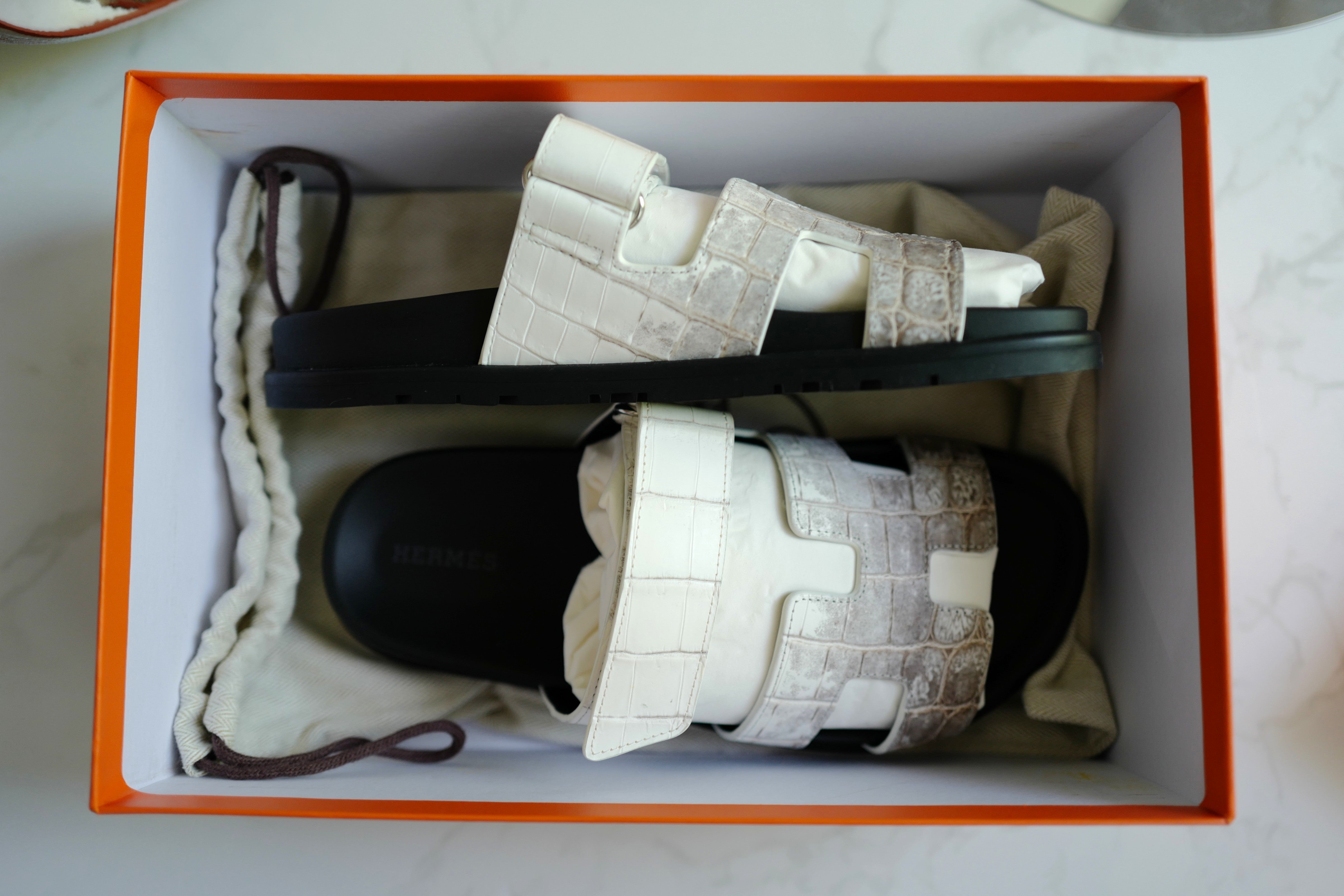 BNIB HERMÈS Chypre Sandals White Niloticus Crocodile Himalaya - Size 38