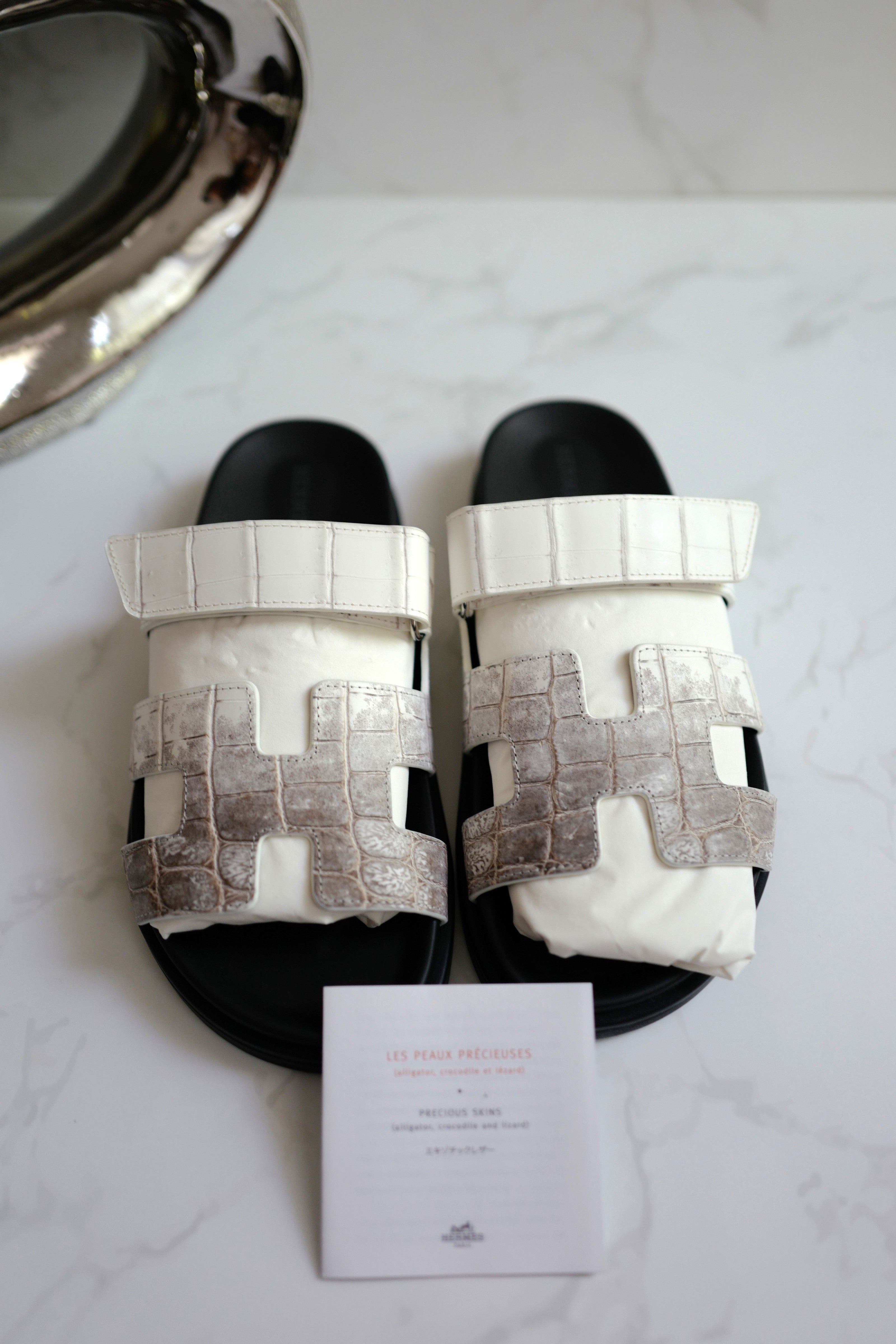 BNIB HERMÈS Chypre Sandals White Niloticus Crocodile Himalaya - Size 38