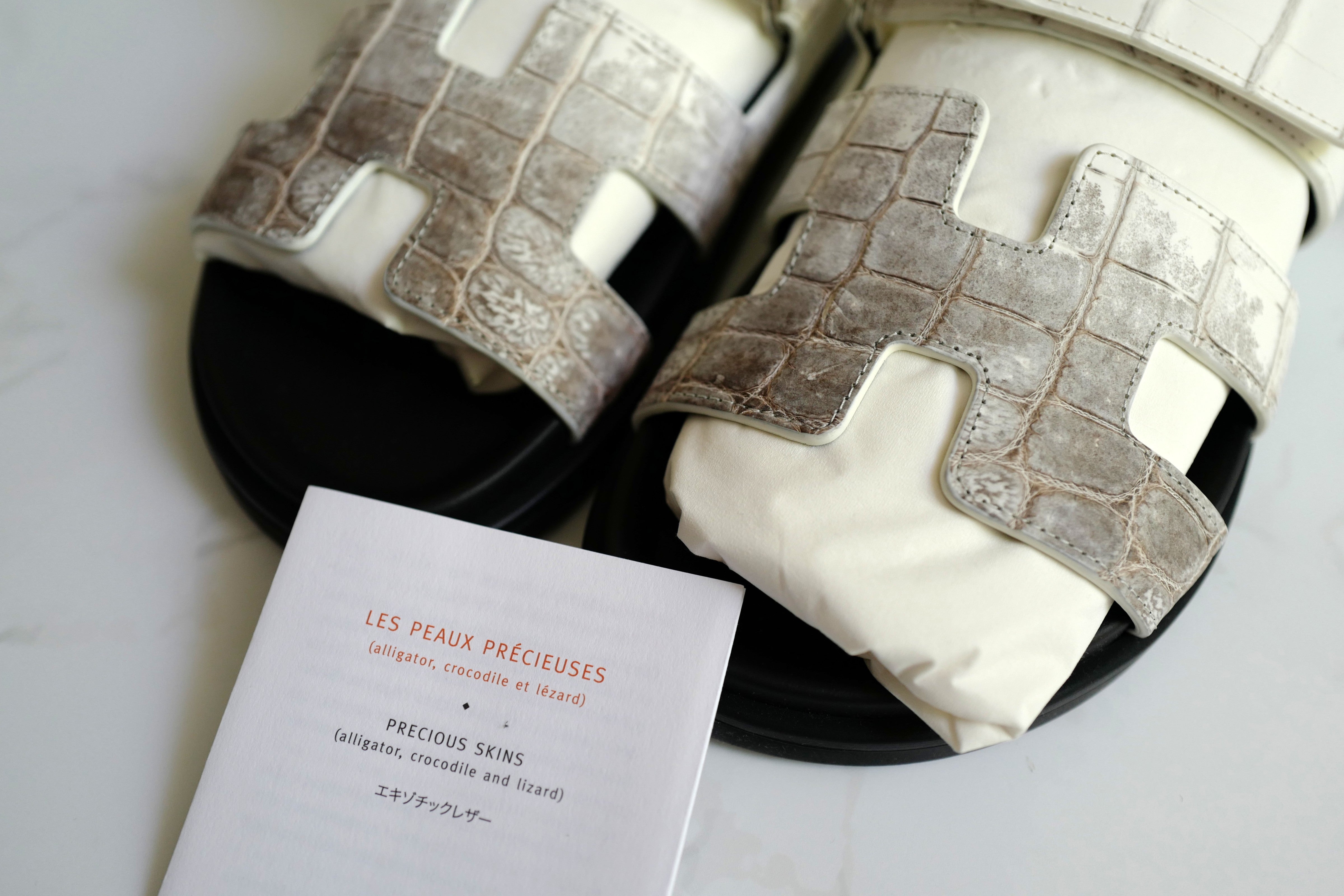 BNIB HERMÈS Chypre Sandals White Niloticus Crocodile Himalaya - Size 38