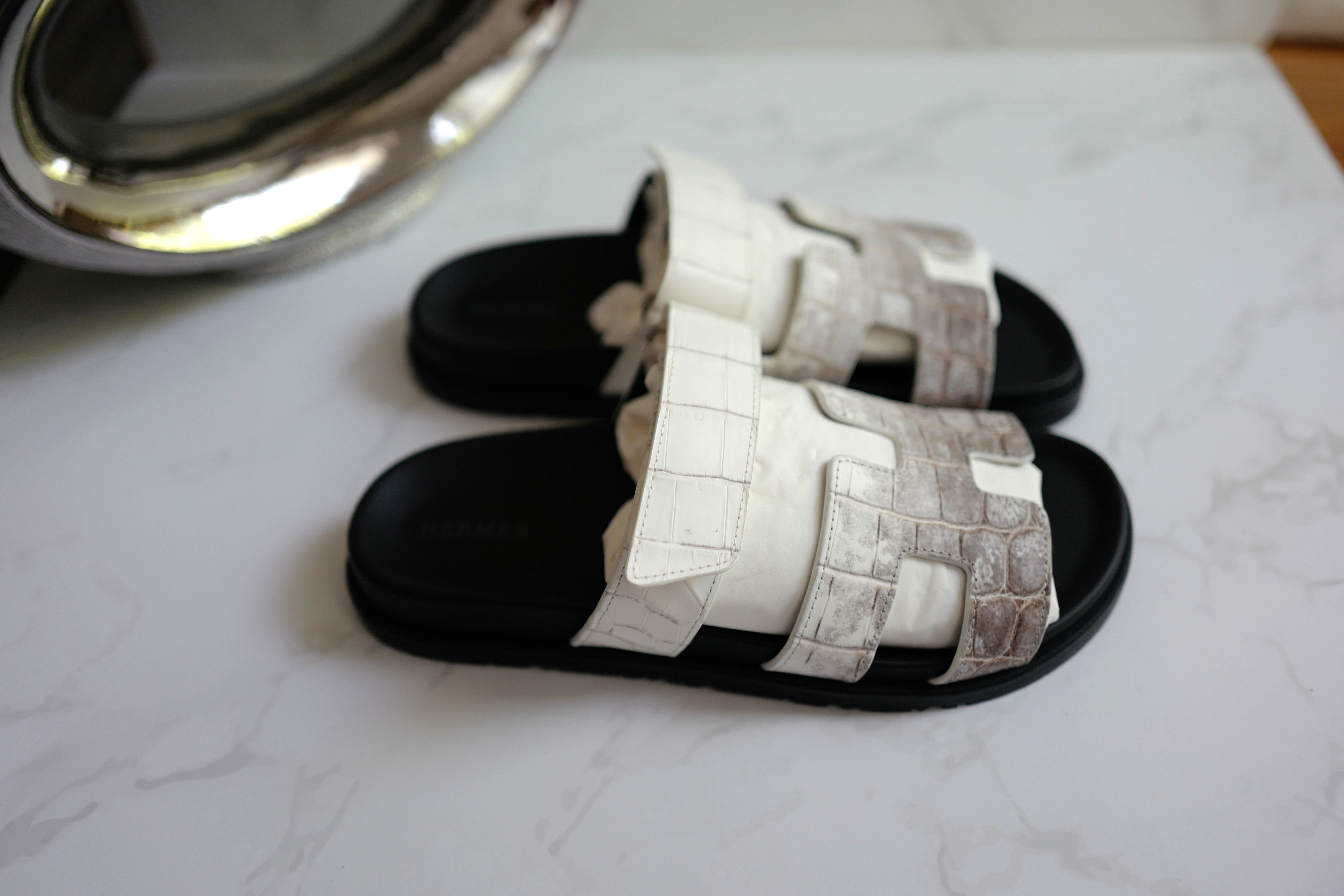 BNIB HERMÈS Chypre Sandals White Niloticus Crocodile Himalaya - Size 38