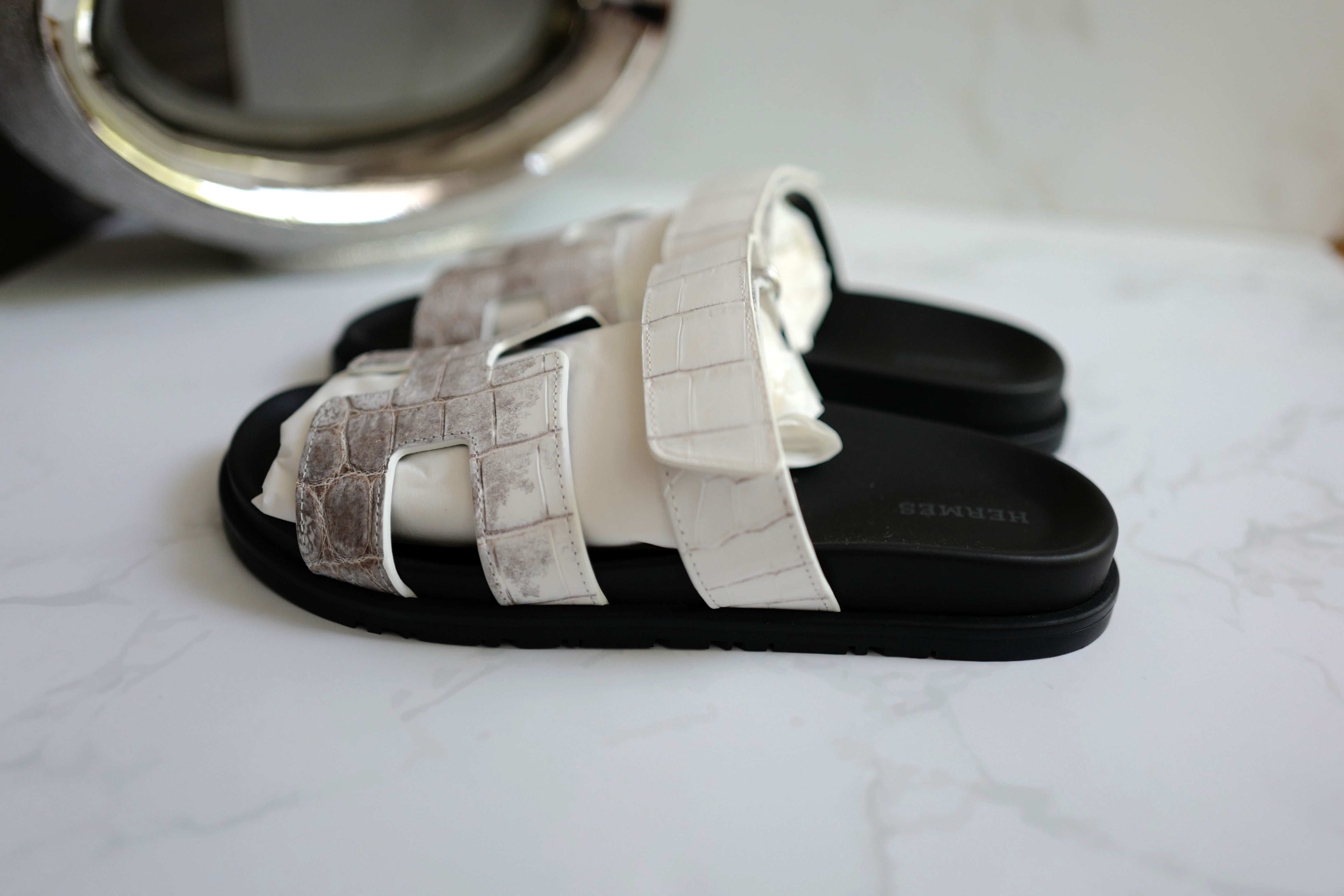BNIB HERMÈS Chypre Sandals White Niloticus Crocodile Himalaya - Size 38