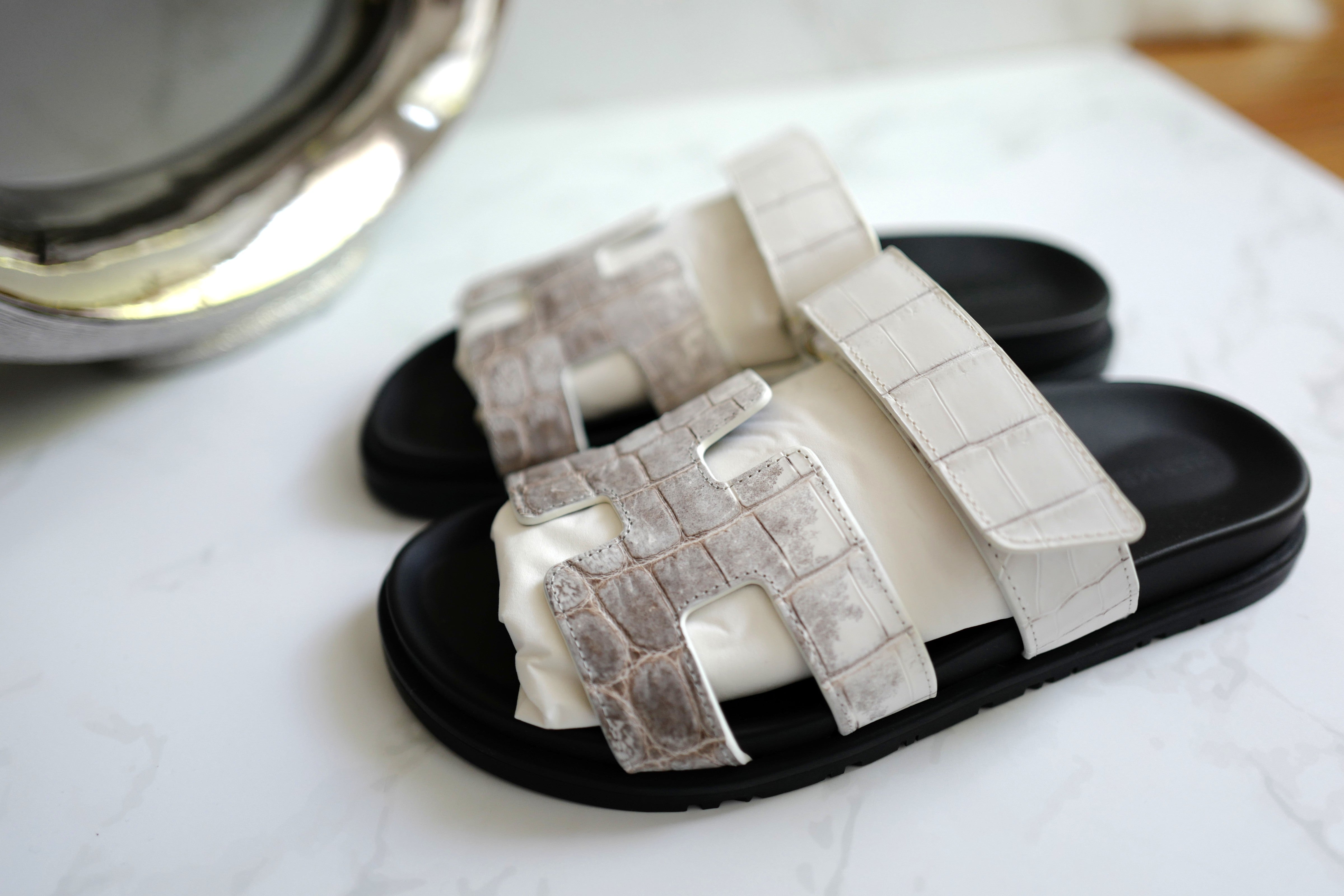 BNIB HERMÈS Chypre Sandals White Niloticus Crocodile Himalaya - Size 38
