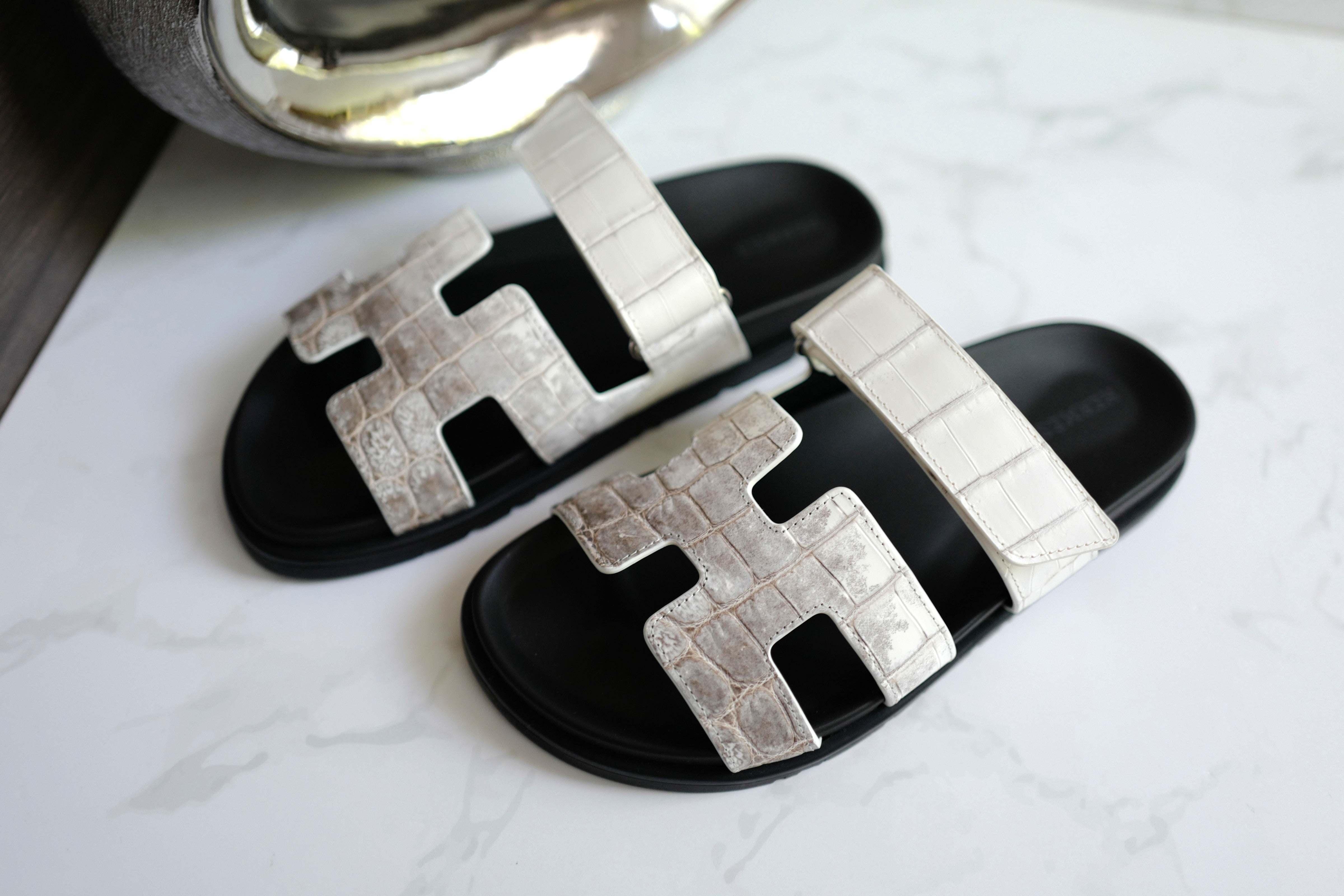 BNIB HERMÈS Chypre Sandals White Niloticus Crocodile Himalaya - Size 38