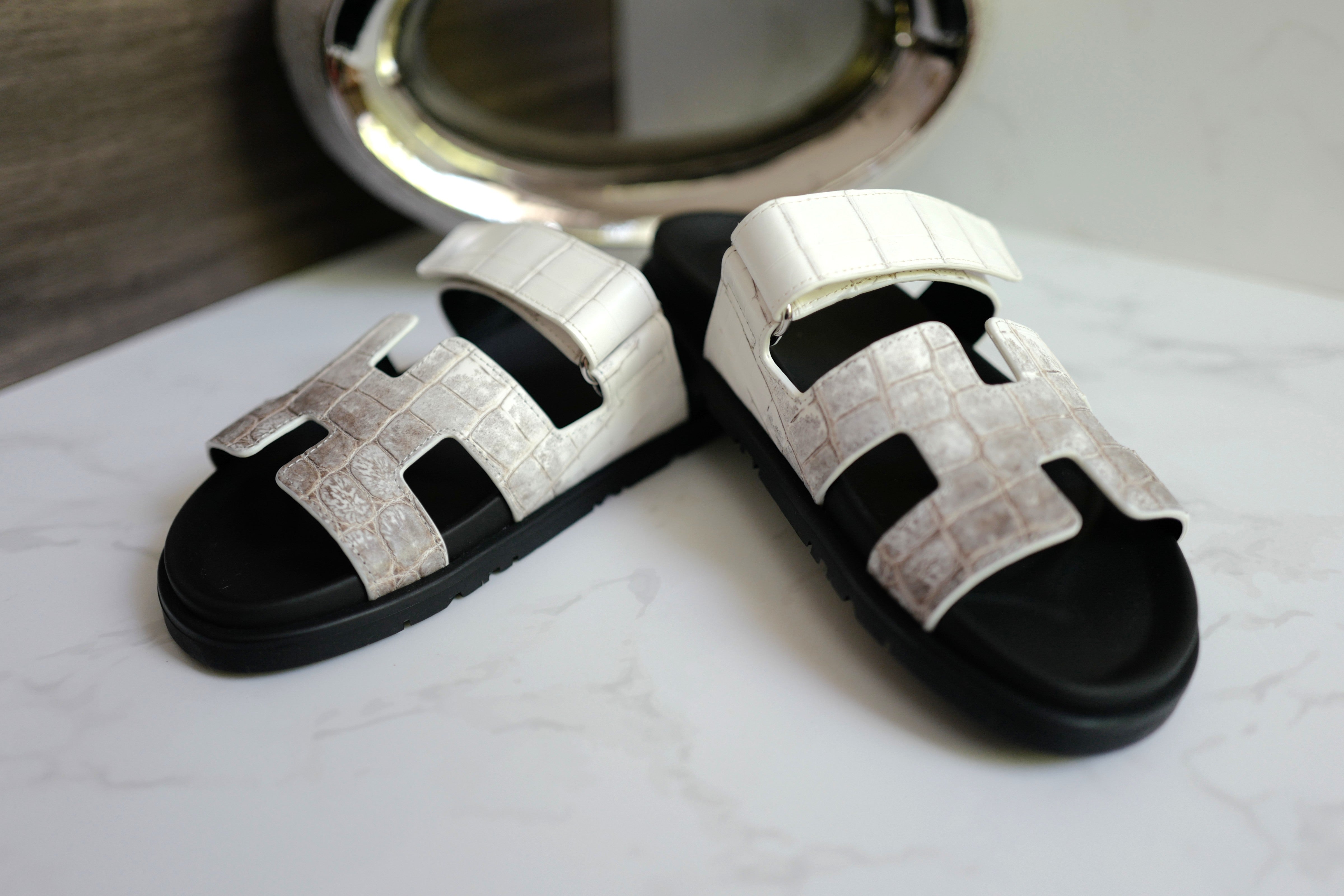 BNIB HERMÈS Chypre Sandals White Niloticus Crocodile Himalaya - Size 38