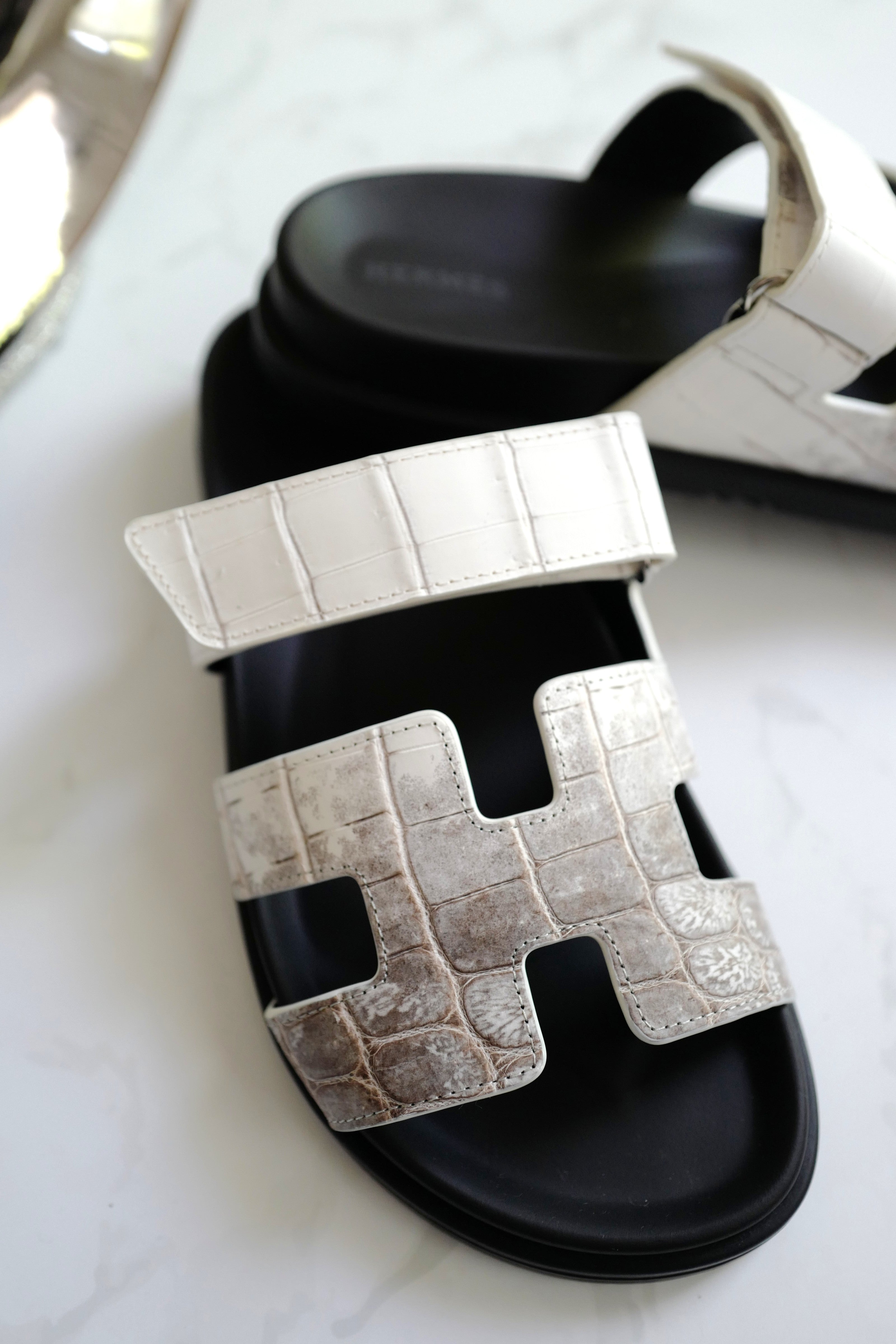 BNIB HERMÈS Chypre Sandals White Niloticus Crocodile Himalaya - Size 38
