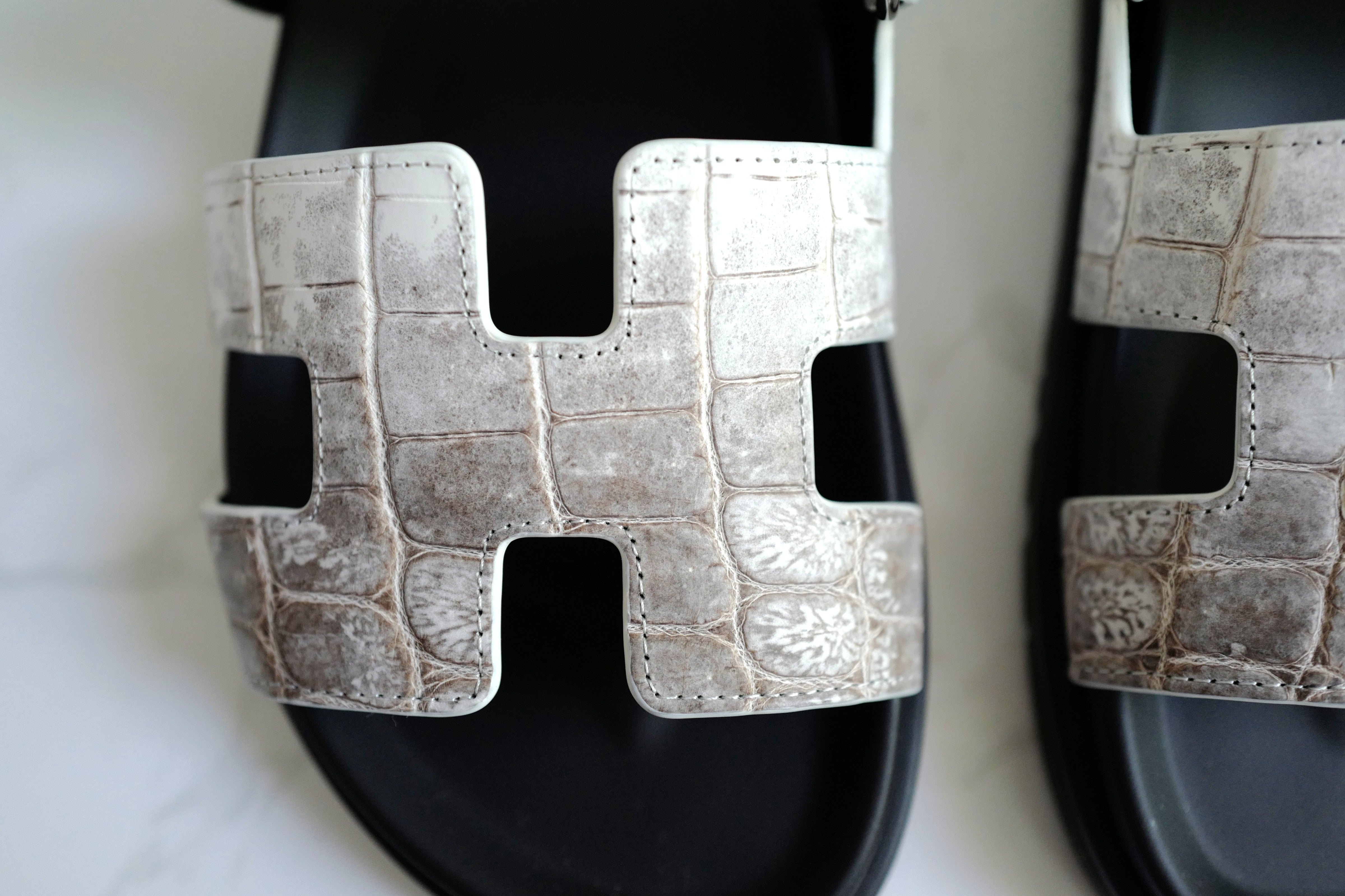 BNIB HERMÈS Chypre Sandals White Niloticus Crocodile Himalaya - Size 38