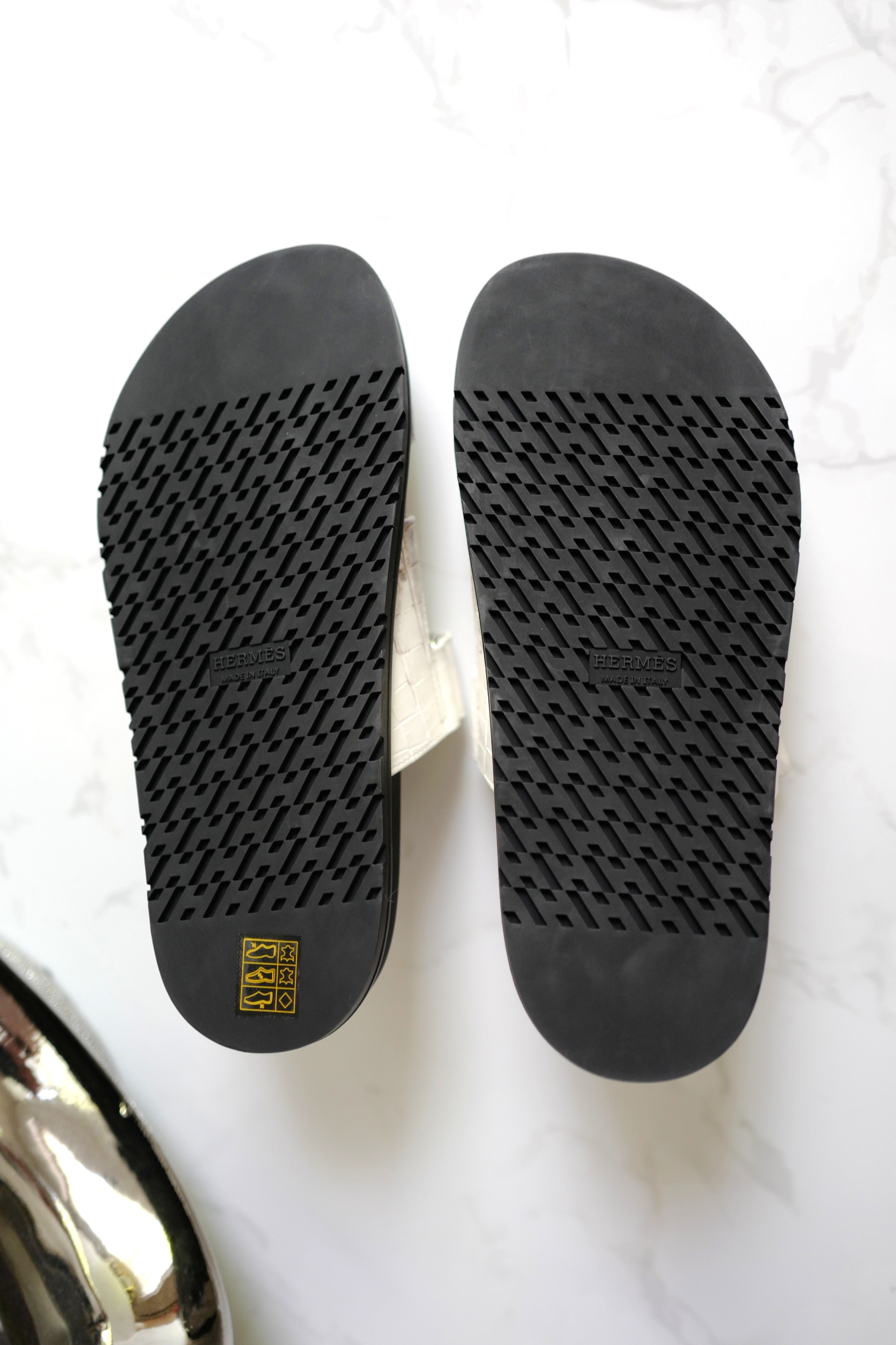 BNIB HERMÈS Chypre Sandals White Niloticus Crocodile Himalaya - Size 38