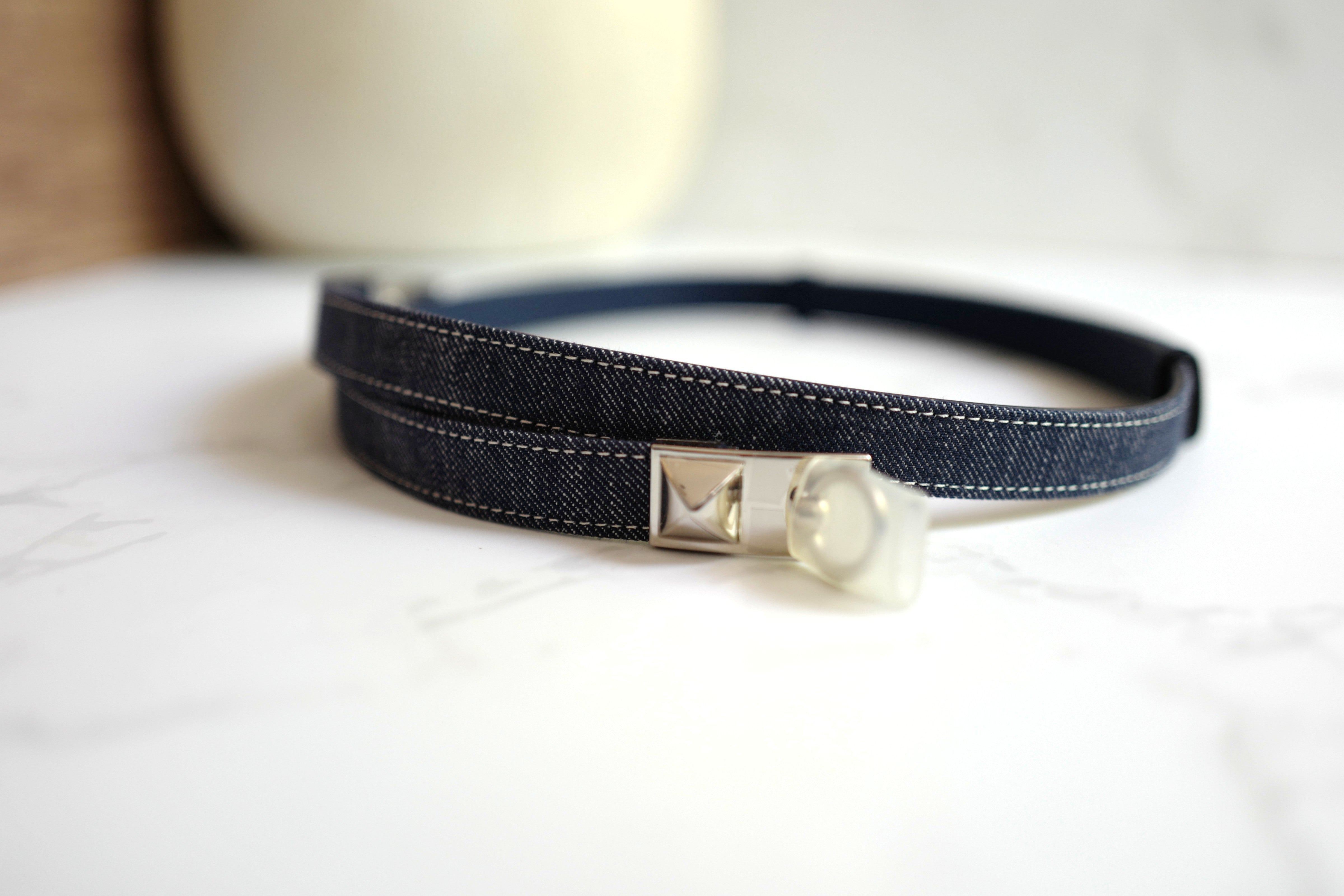 Brand New Hermès Rivale Jean 18 Belt in Bleu Indigo / Blanc / Bleu Navy PHW