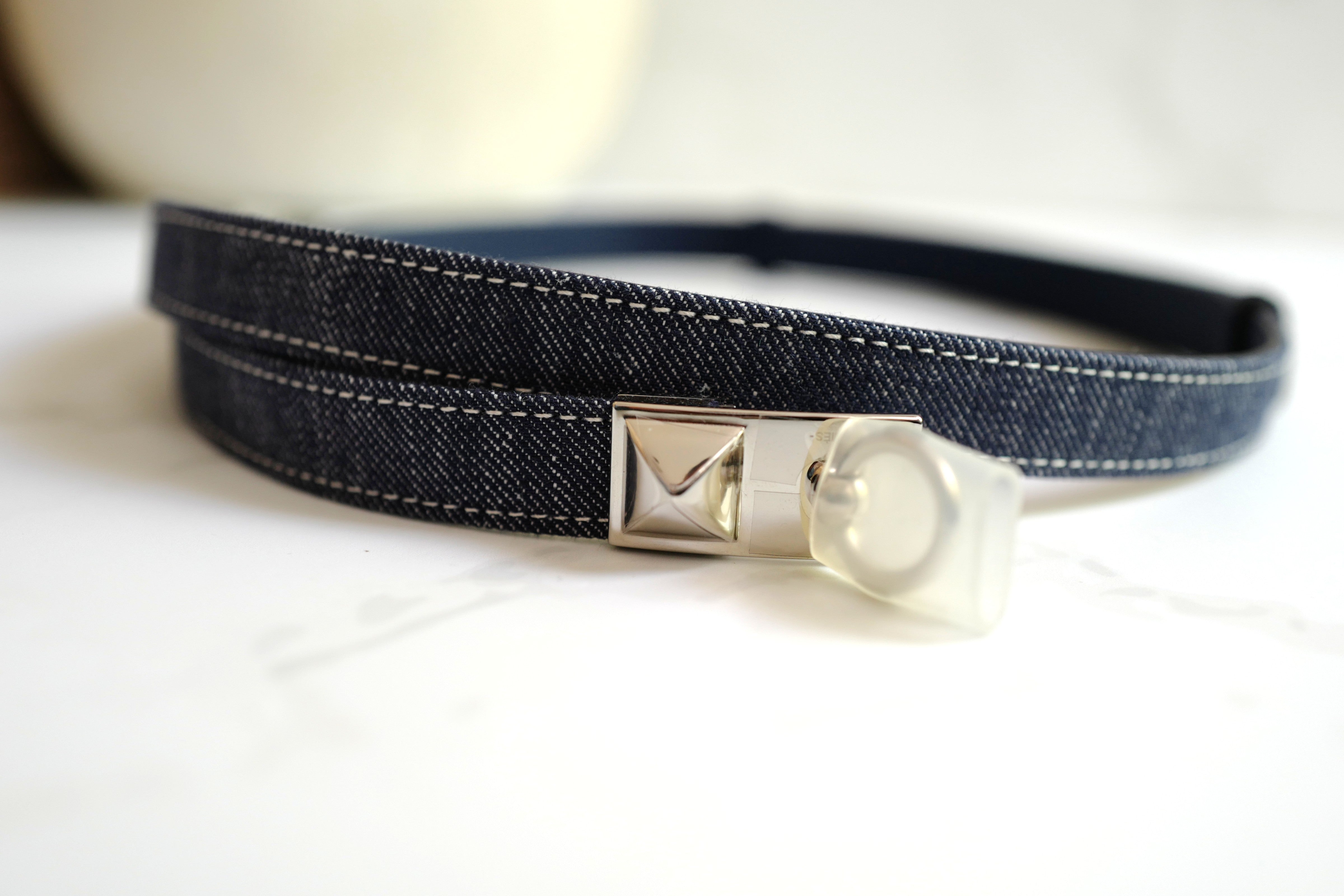 Brand New Hermès Rivale Jean 18 Belt in Bleu Indigo / Blanc / Bleu Navy PHW