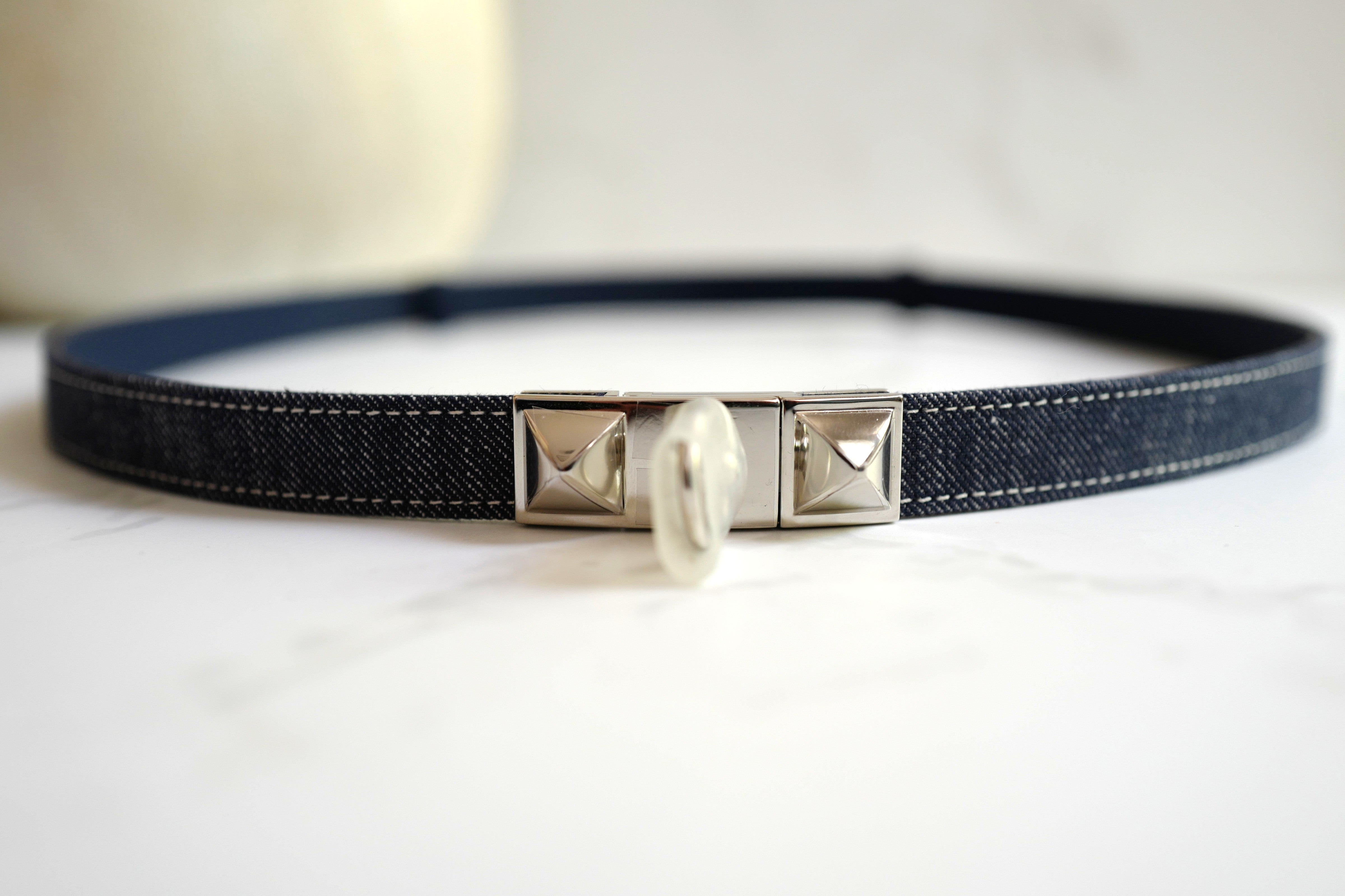 Brand New Hermès Rivale Jean 18 Belt in Bleu Indigo / Blanc / Bleu Navy PHW