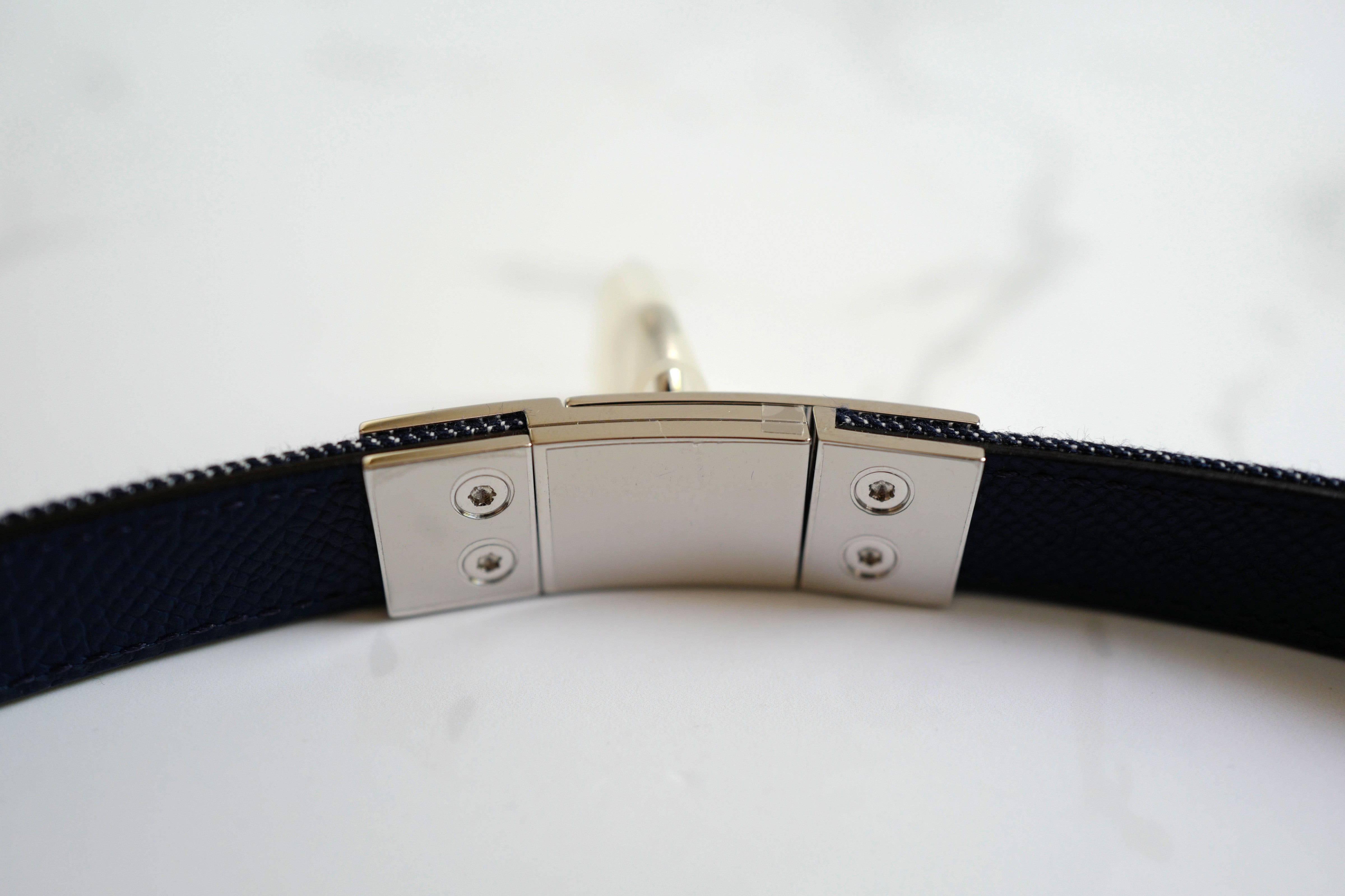 Brand New Hermès Rivale Jean 18 Belt in Bleu Indigo / Blanc / Bleu Navy PHW
