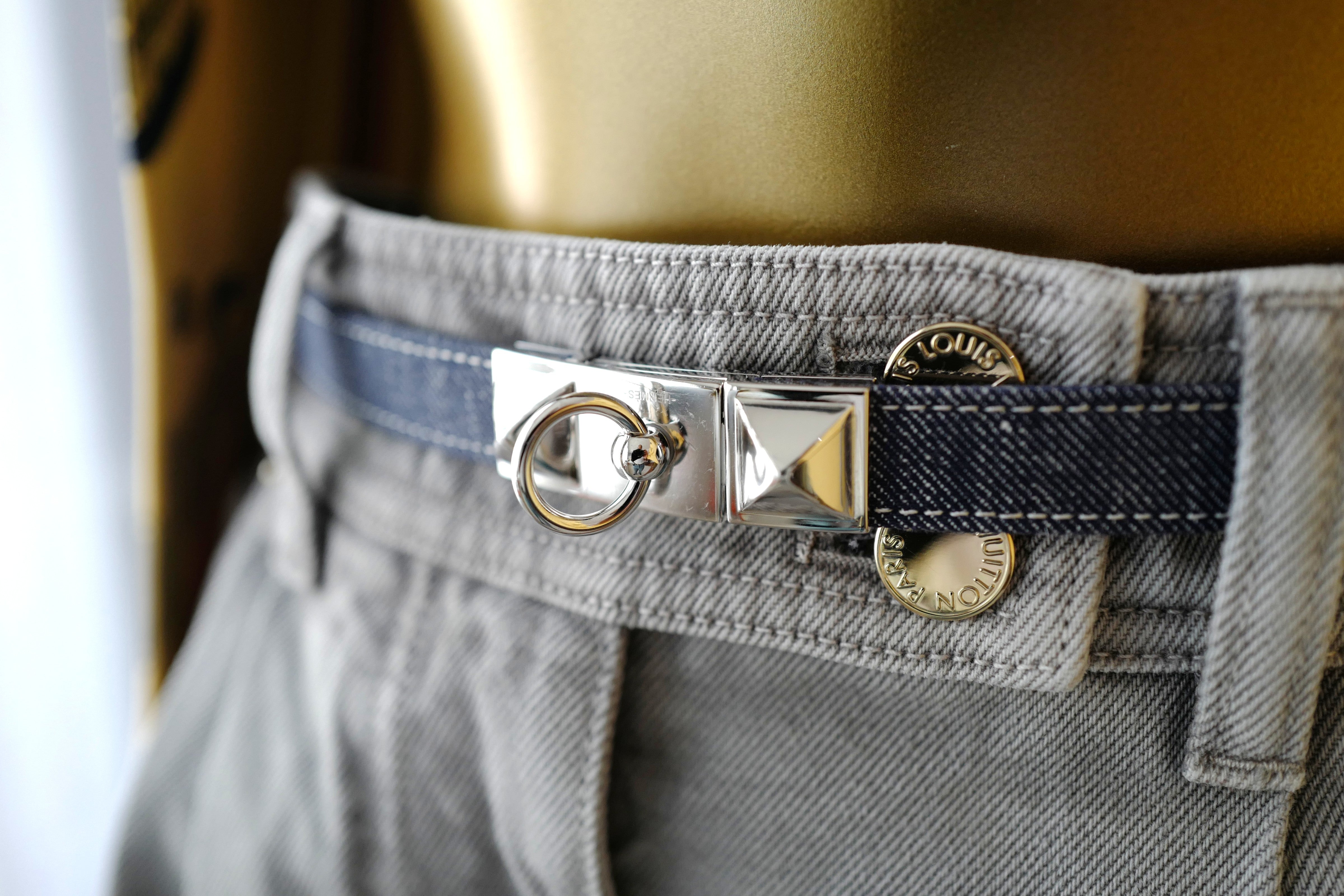 Brand New Hermès Rivale Jean 18 Belt in Bleu Indigo / Blanc / Bleu Navy PHW