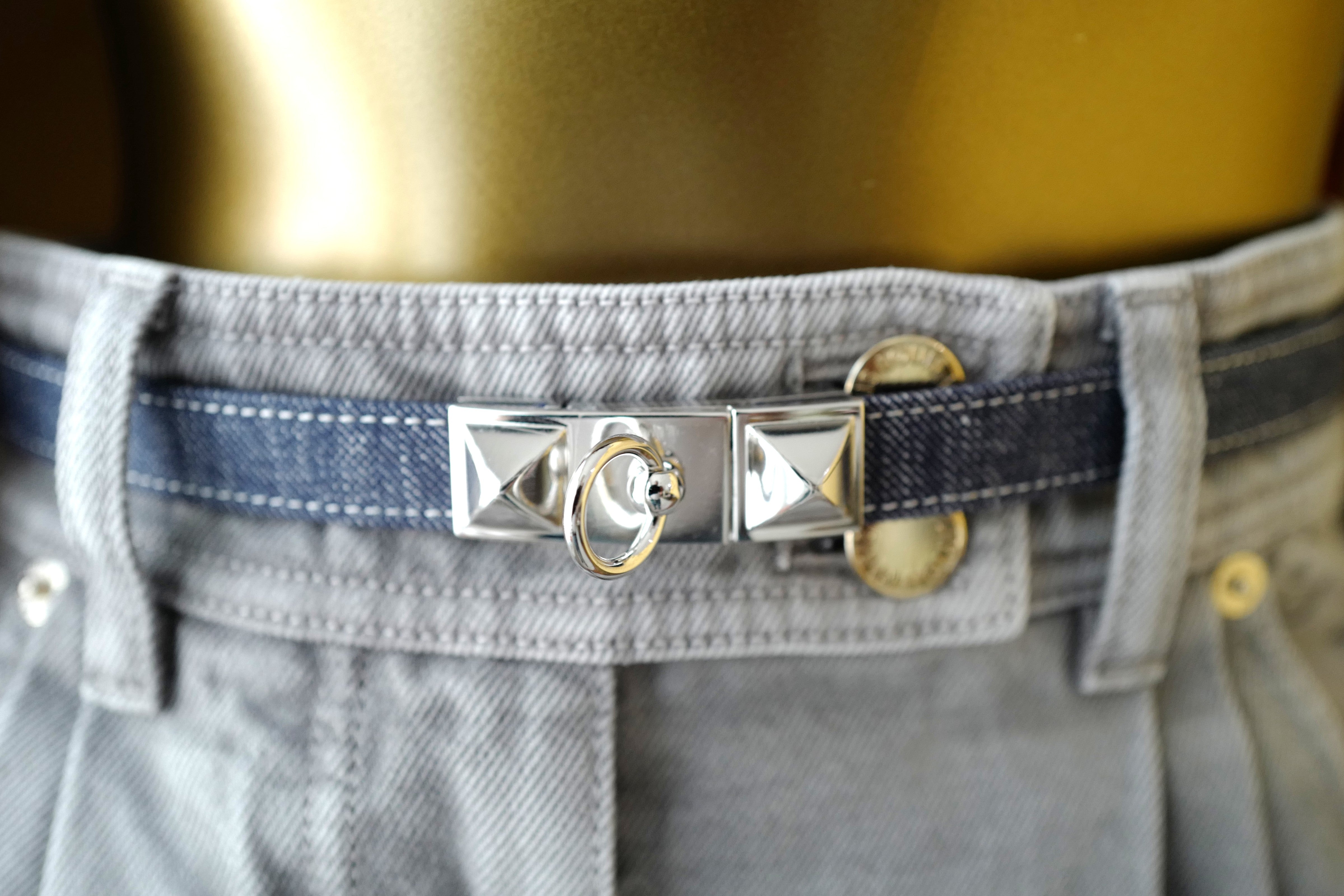 Brand New Hermès Rivale Jean 18 Belt in Bleu Indigo / Blanc / Bleu Navy PHW