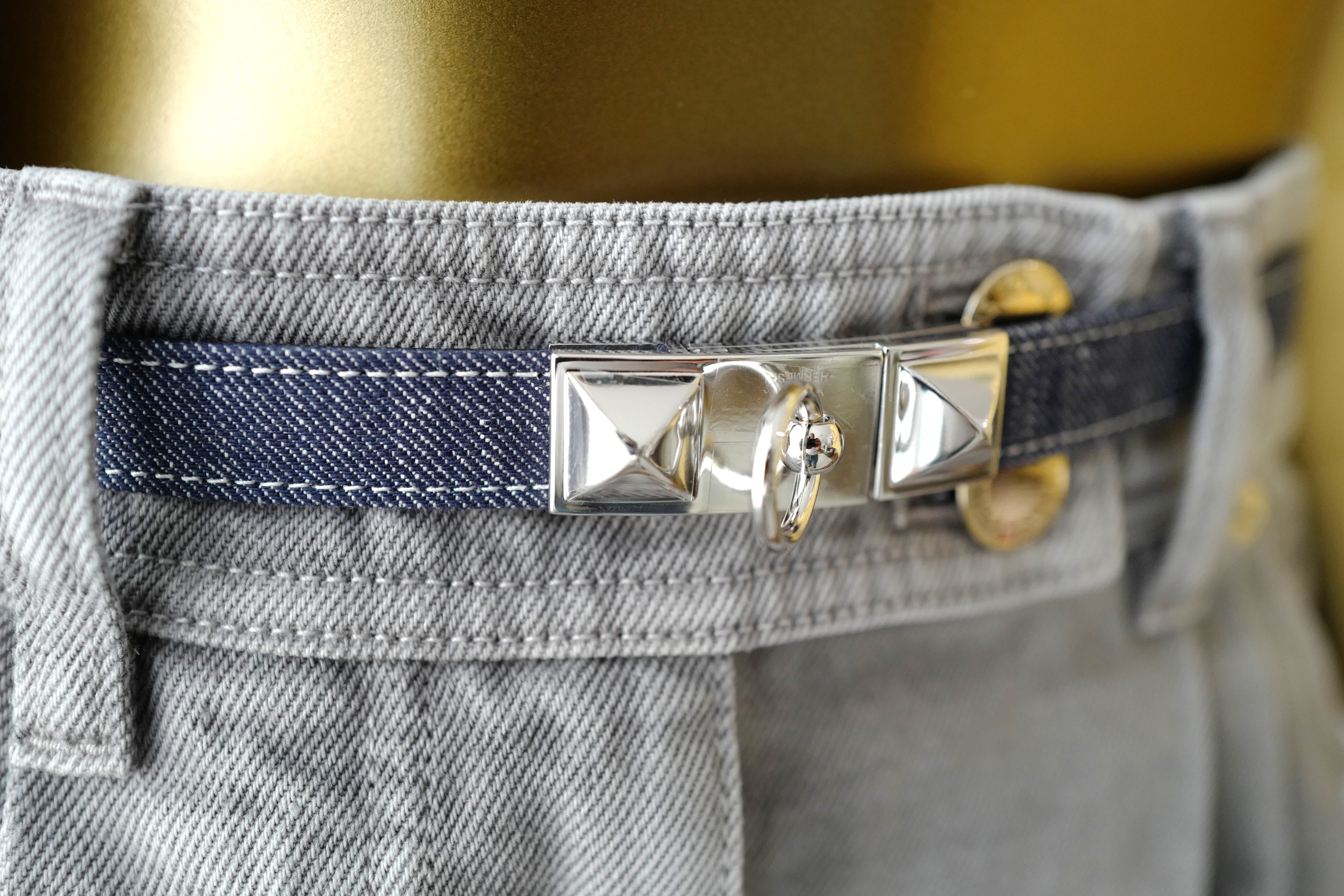 Brand New Hermès Rivale Jean 18 Belt in Bleu Indigo / Blanc / Bleu Navy PHW