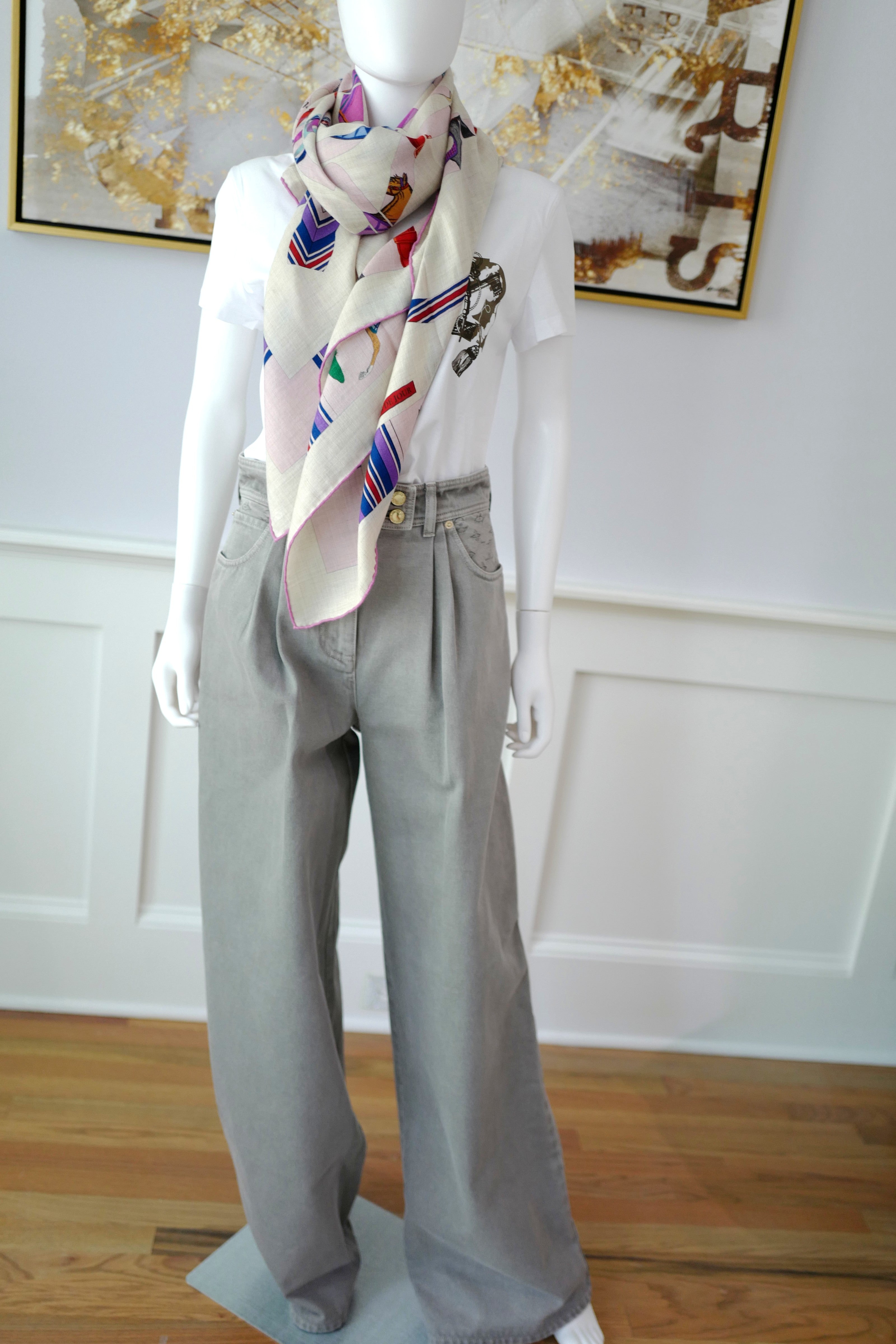 NEW Hermès Eperon d'Or et Tenues de Jour Shawl 140 in Naturel / Rose / Bleu