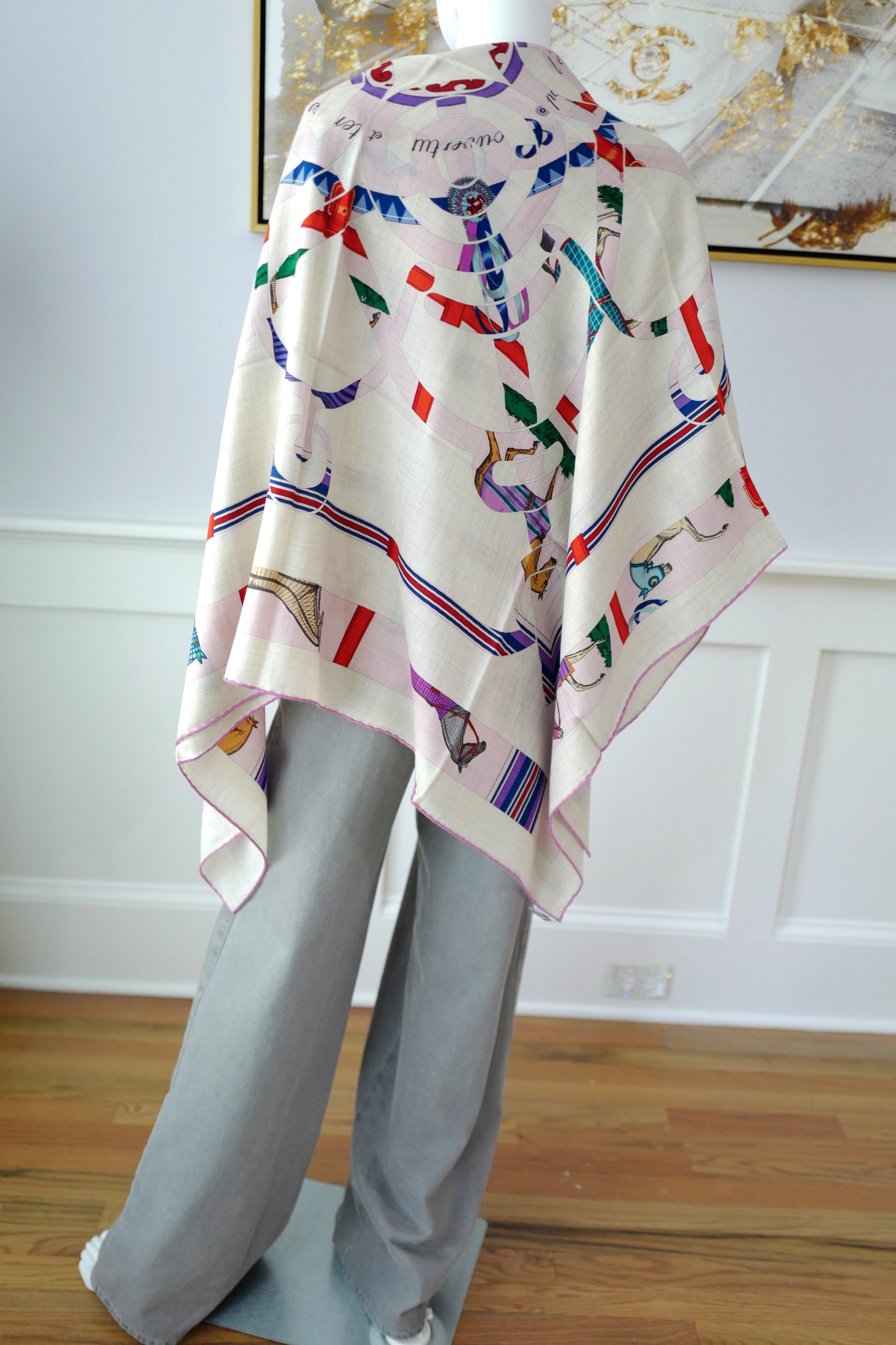 NEW Hermès Eperon d'Or et Tenues de Jour Shawl 140 in Naturel / Rose / Bleu