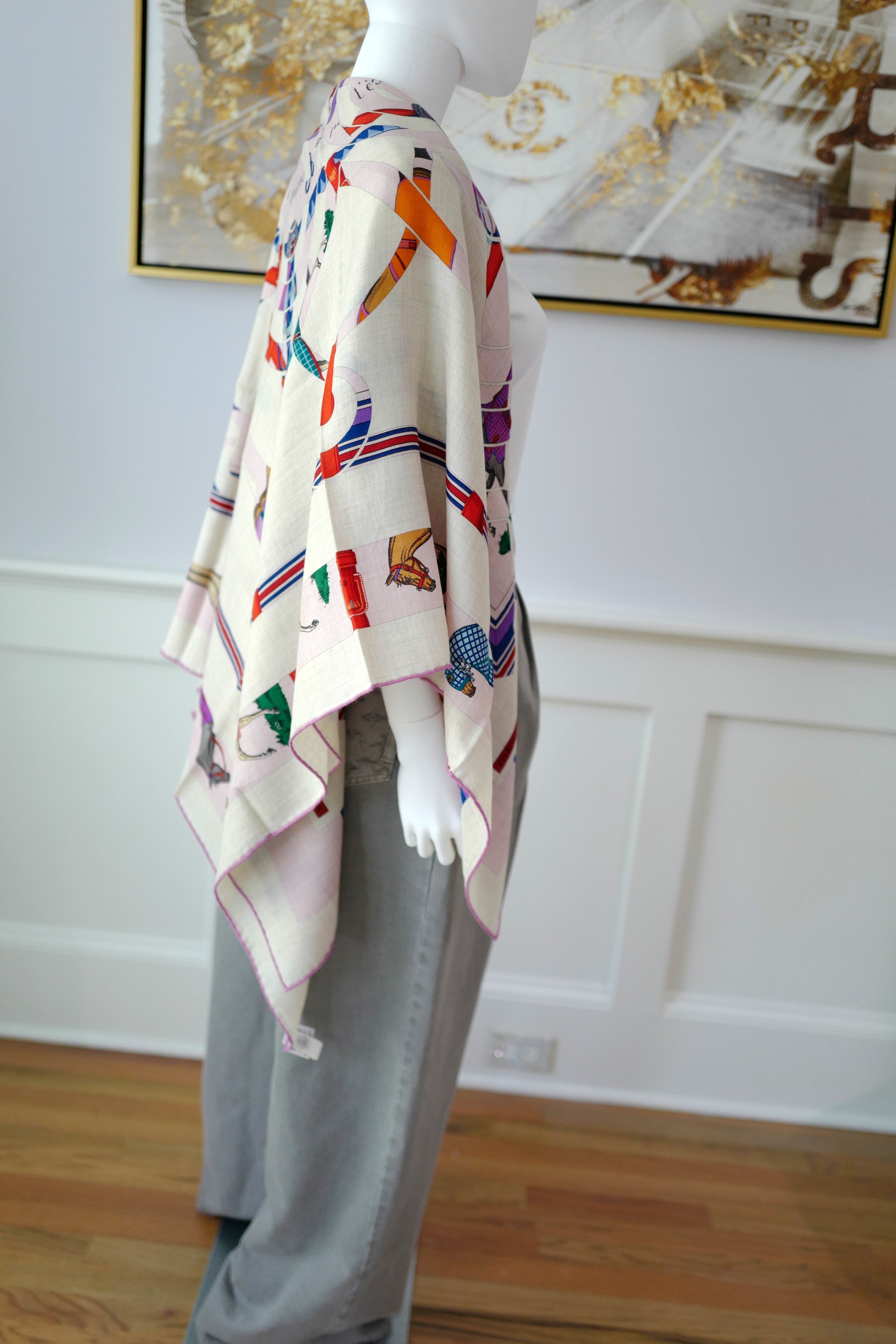 NEW Hermès Eperon d'Or et Tenues de Jour Shawl 140 in Naturel / Rose / Bleu
