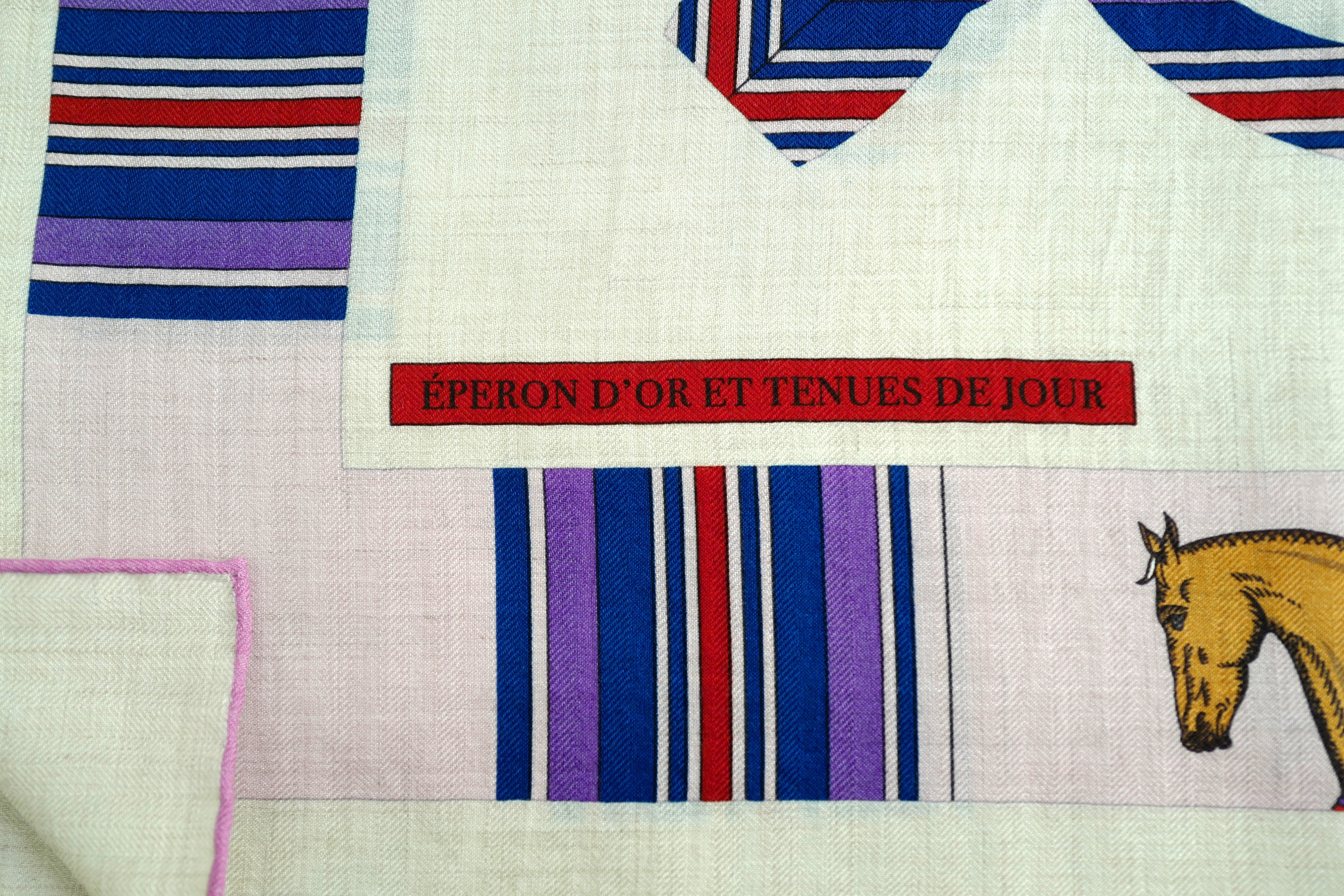 NEW Hermès Eperon d'Or et Tenues de Jour Shawl 140 in Naturel / Rose / Bleu