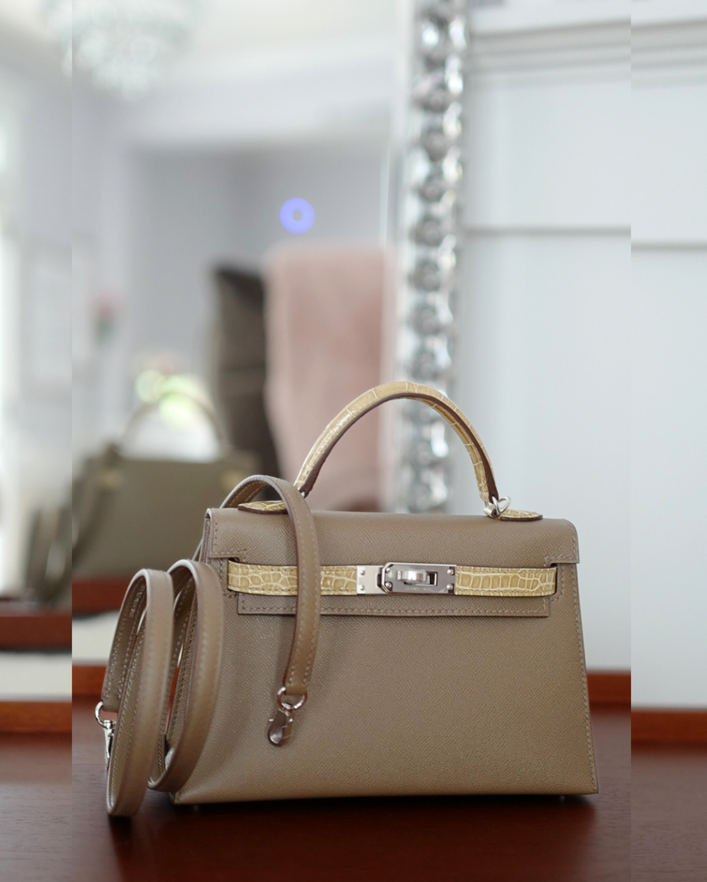 BNIB Hermes Mini Kelly touch Madame calfskin pol alli Etoupe beige phw