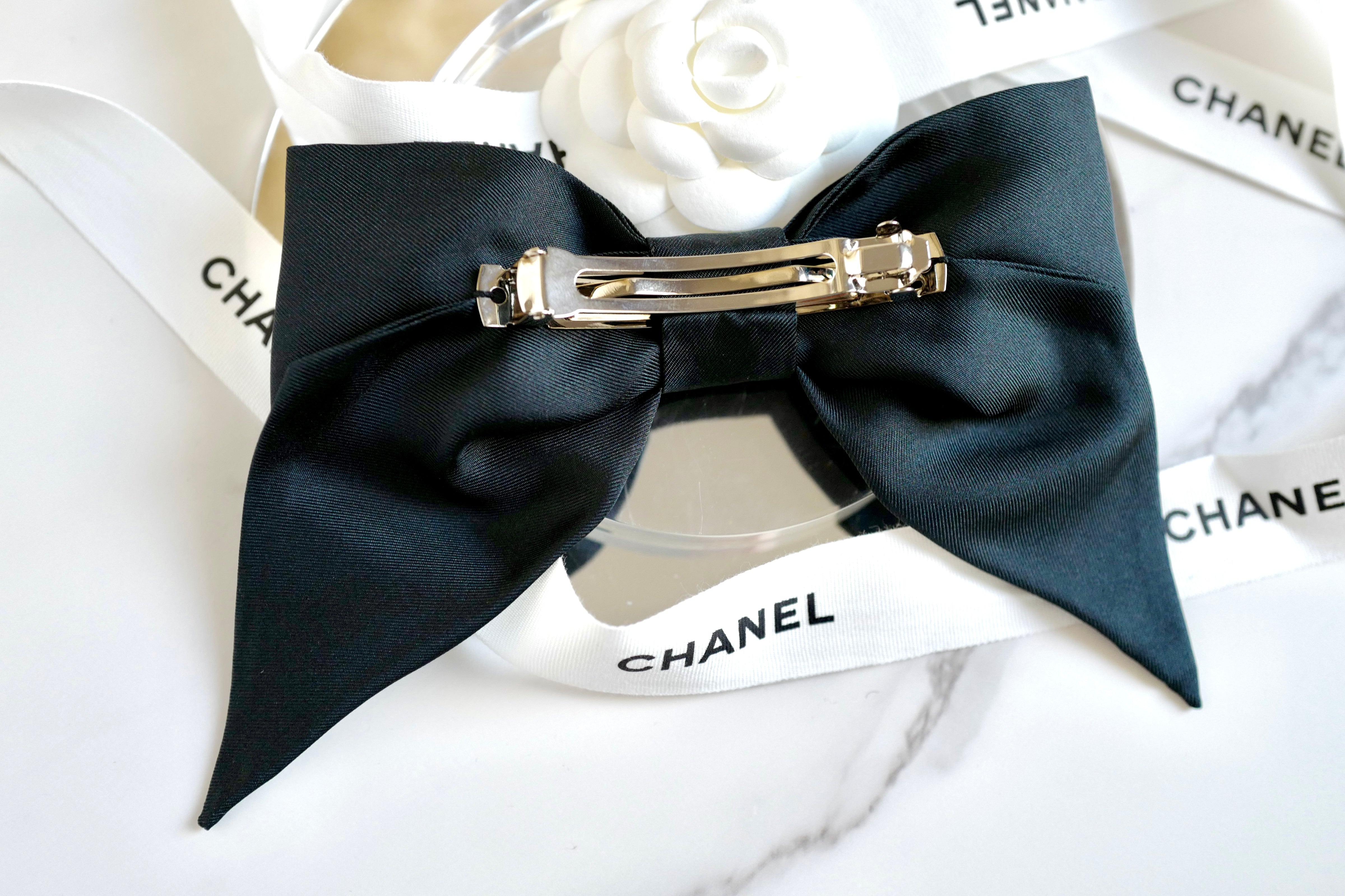 BNIB Chanel Hair Ribbon Silk Twill in Black Satin 24P with Gold CC Logo