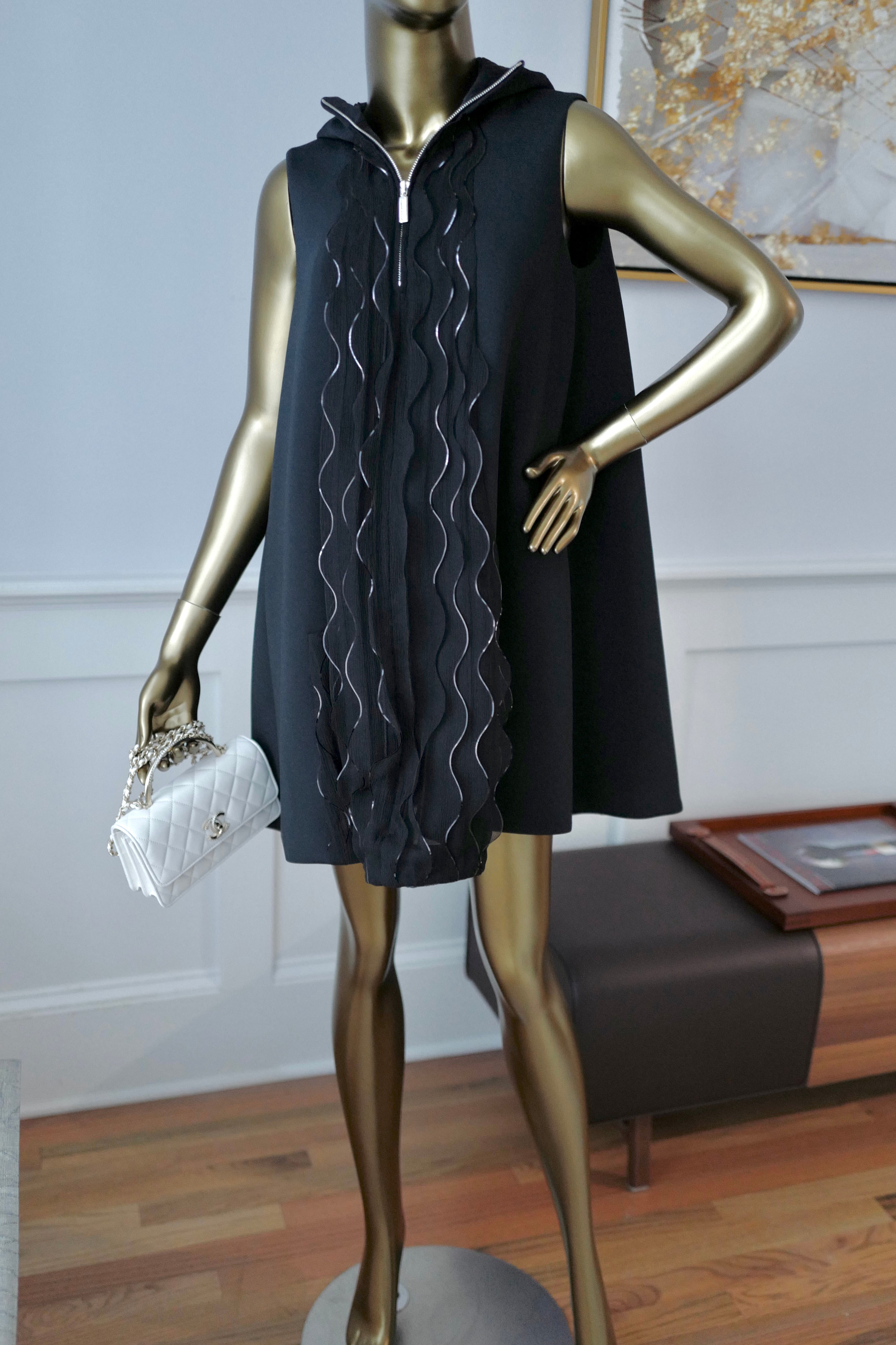 NEW Chanel 25S Dress in Black Shimmery Pleated with Hoodie size 36