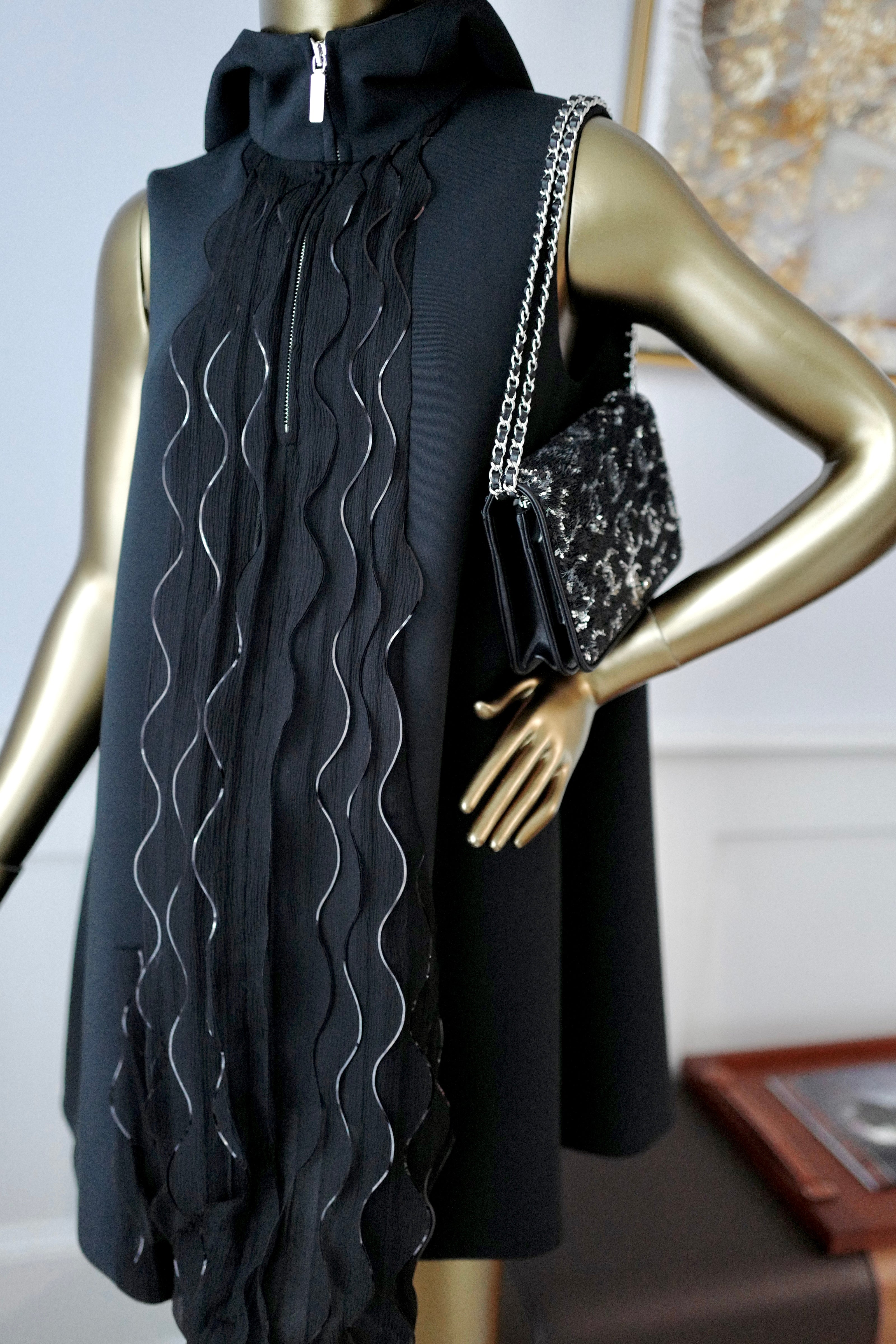 NEW Chanel 25S Dress in Black Shimmery Pleated with Hoodie size 36