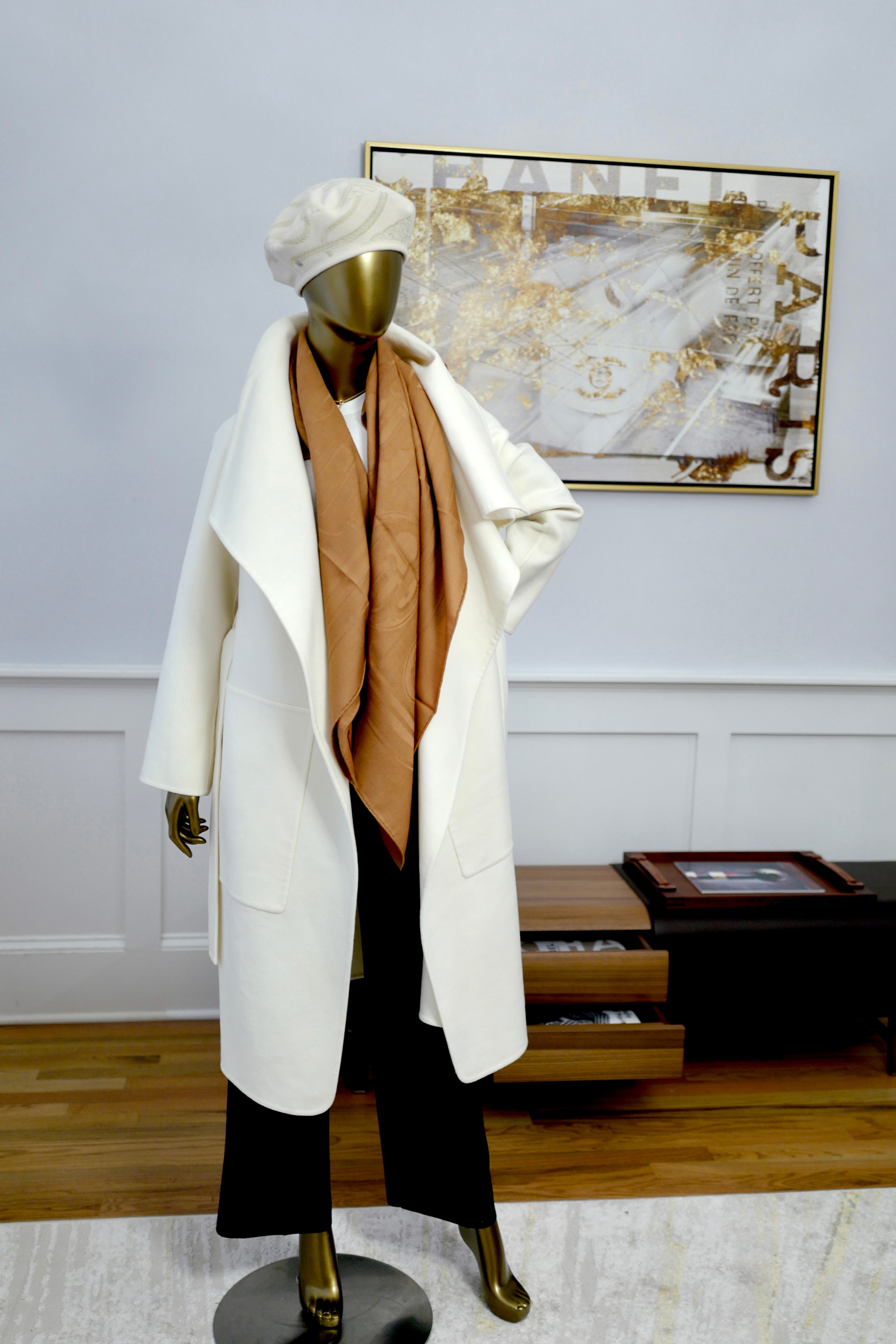 New Hermes Long Coat Manteau Inspiration Double Cashmere with Leather Strap in Blanc Couverture 34