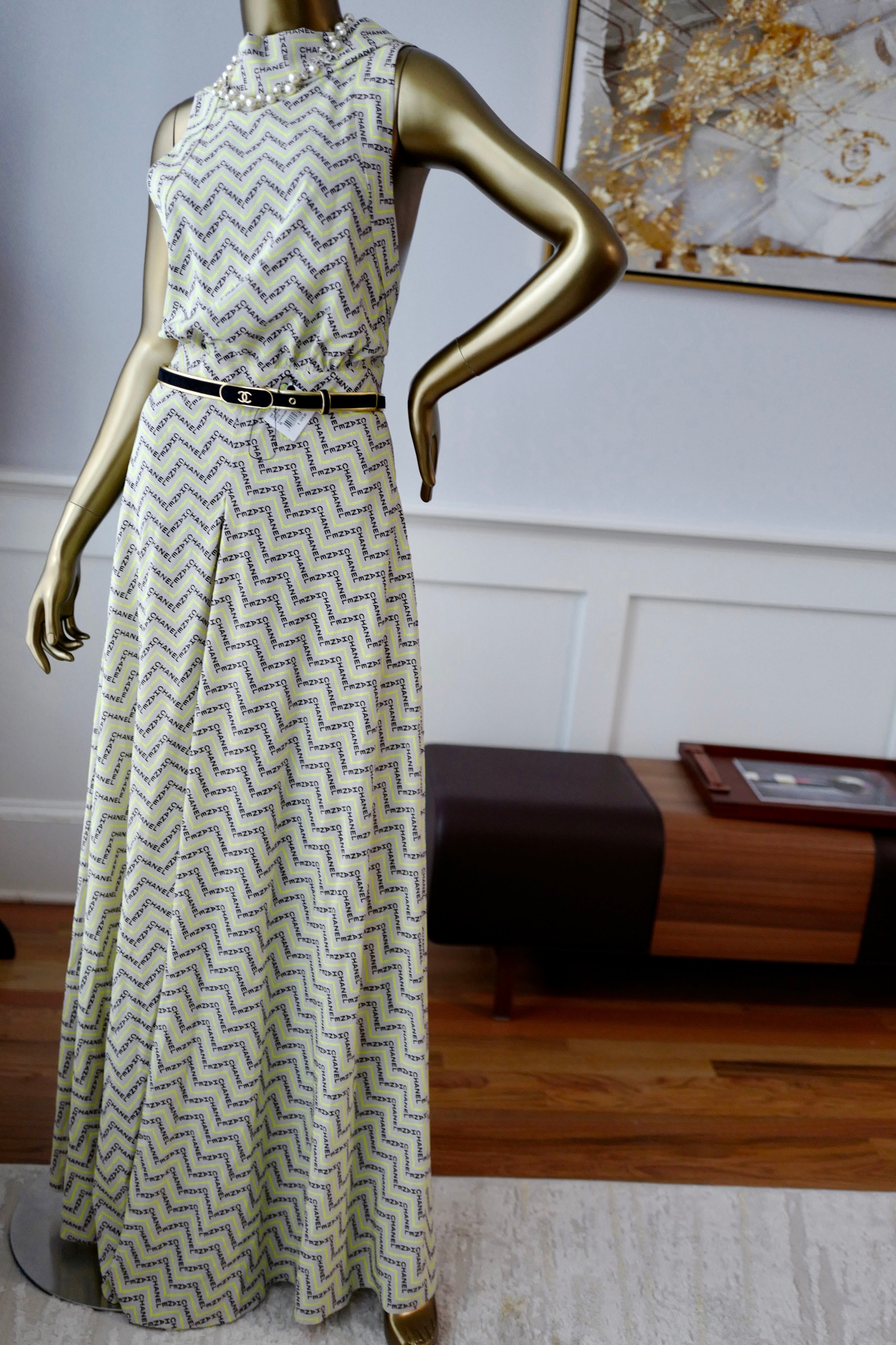 NEW Chanel 24K Jumpsuit Dress Printed Crepe de Chine in Beige, Yellow & Black Size 36