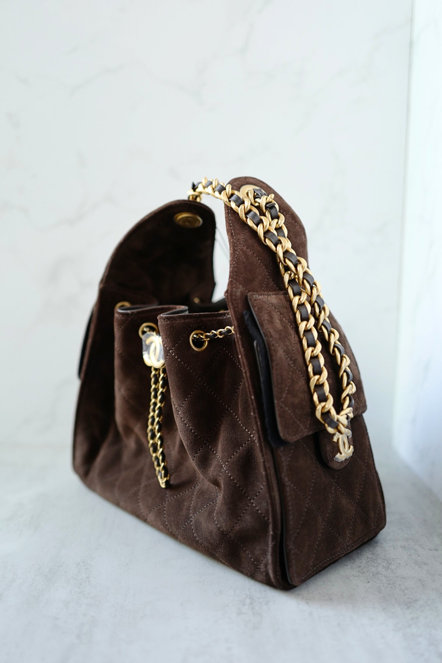 Chanel 25K Small Hobo Bag Dark Brown Suede with Gold Hardware