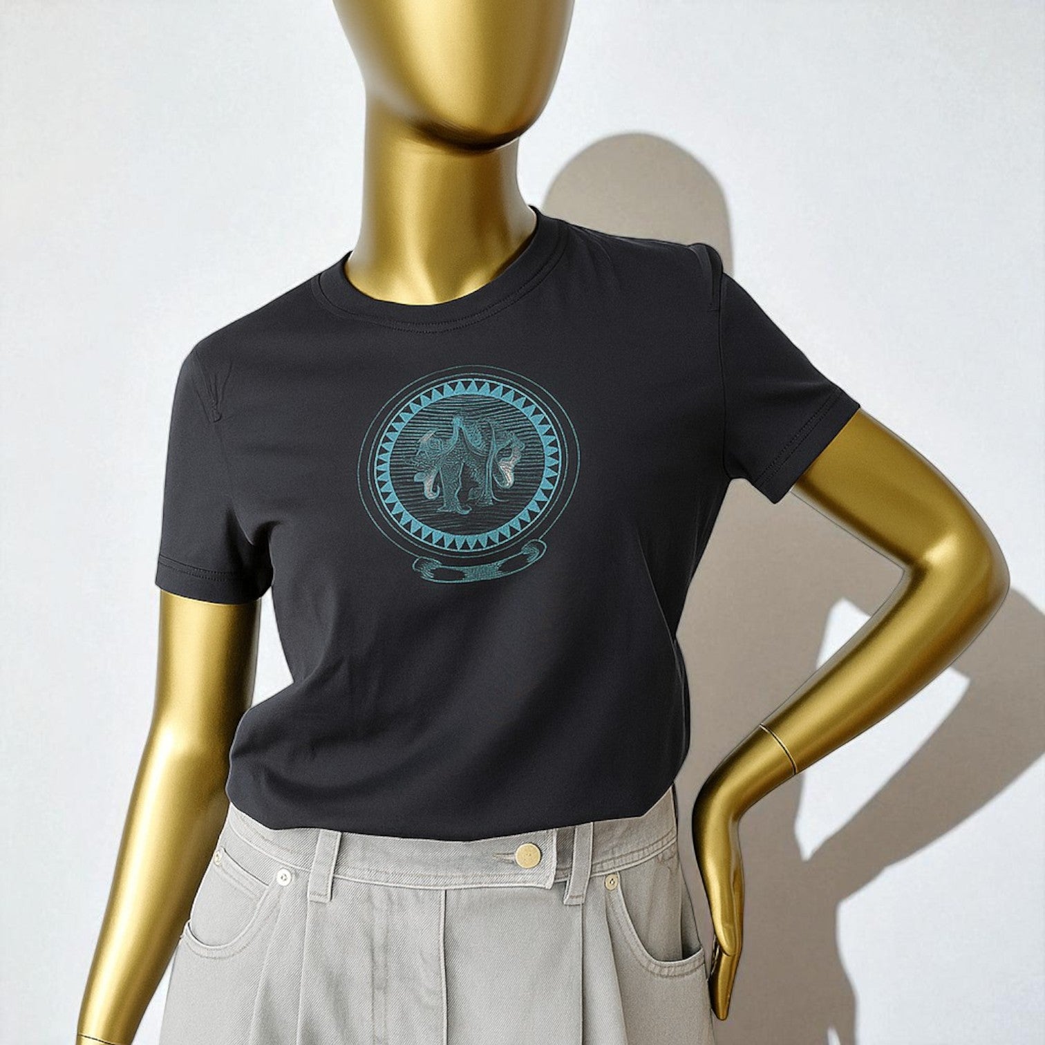 New Hermès Women’s Printed Straight T-Shirt Bleu Noir Size 36