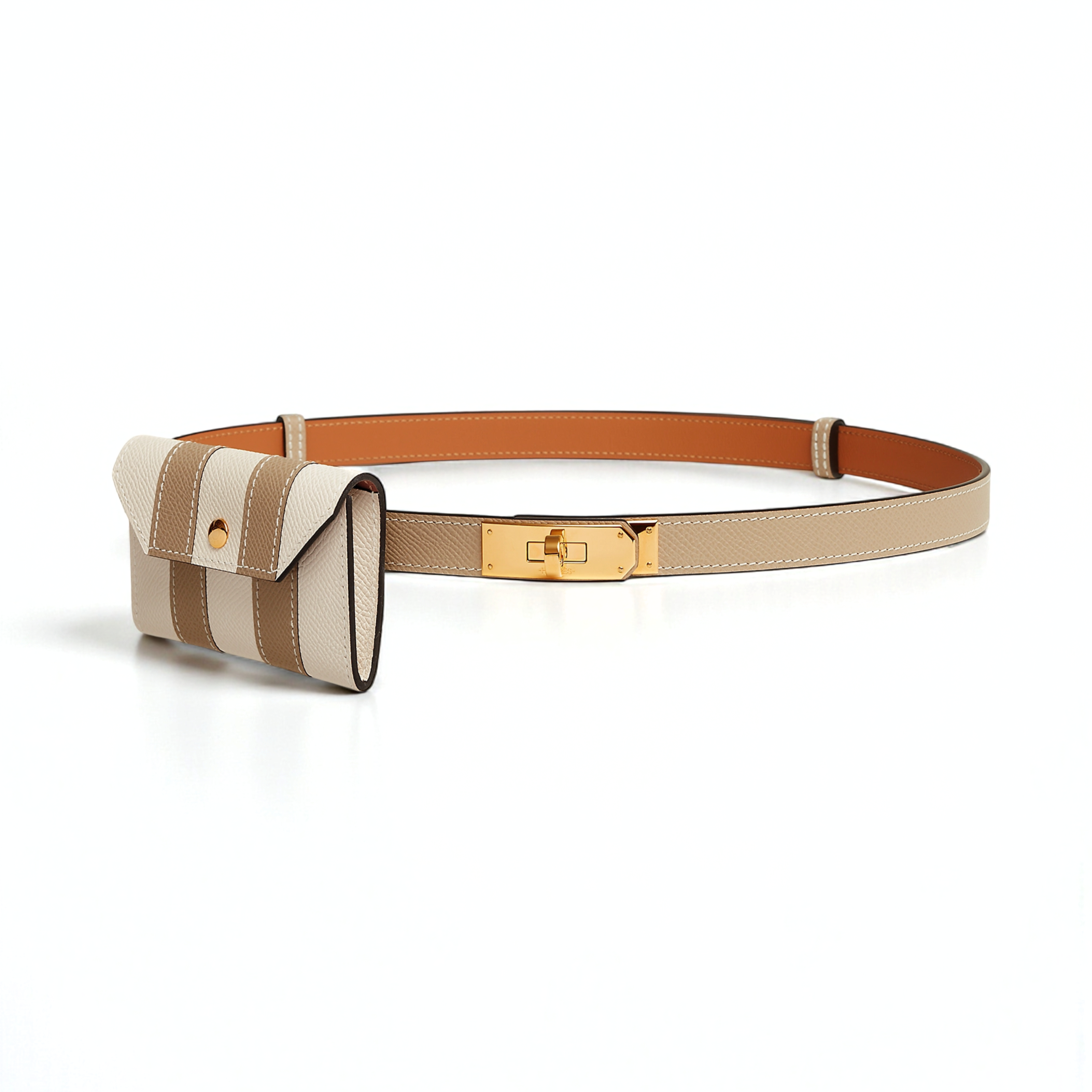 NEW Hermès Kelly Pocket 18 Bayadère Belt Trench/Craie Gold Hardware
