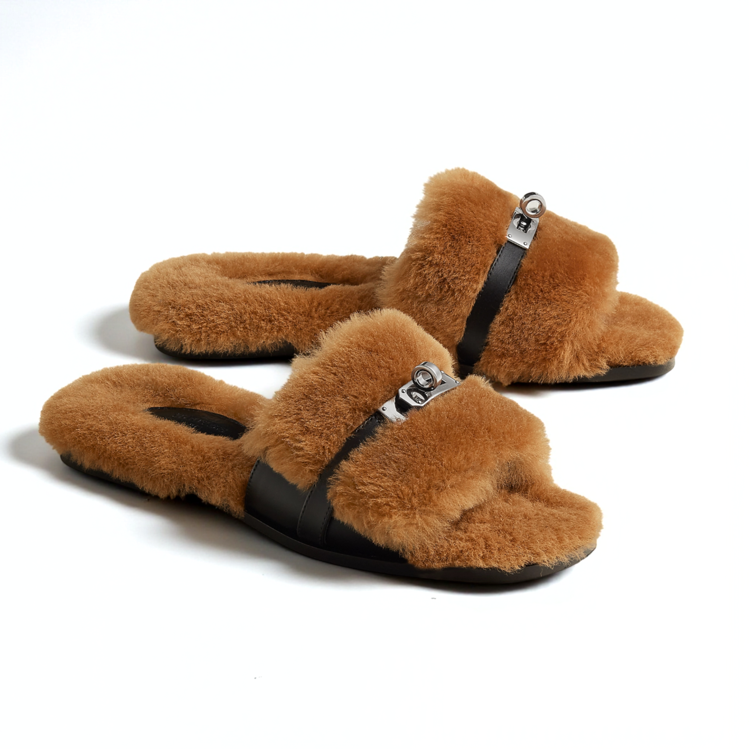 BNIB Hermès Giulia Sandals Shearling & Calfskin Naturel/Noir Palladium 38.5