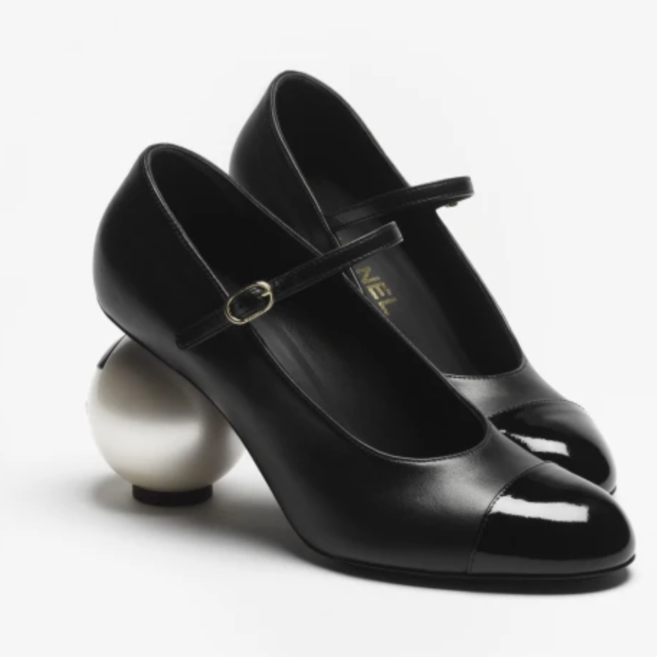 Chanel Mary Jane Black Leather Cap Toe Heels Size 37.5