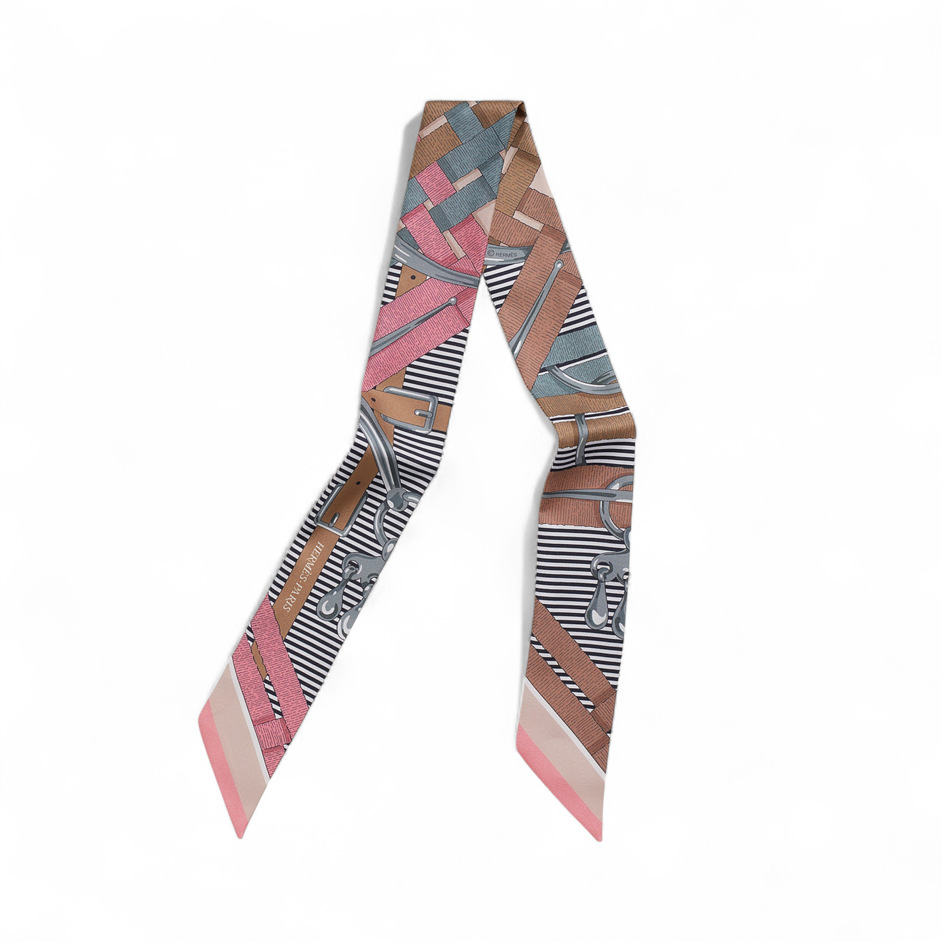 NEW Hermès Twilly Mors à Jouets Chemise Silk Scarf Vieux Rose / Grey / Camel