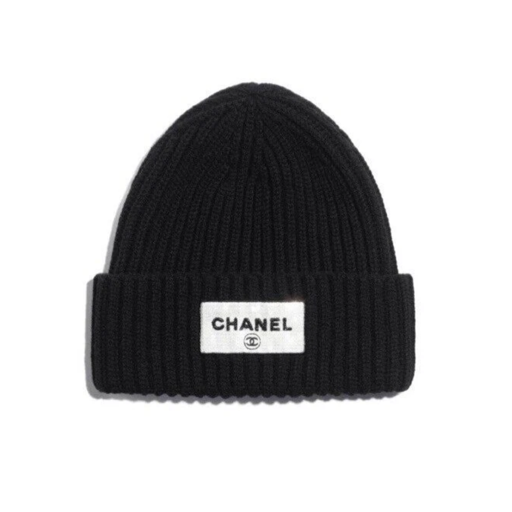 Chanel Black Cashmere Beanie Sequin CHANEL Logo Hat New 23