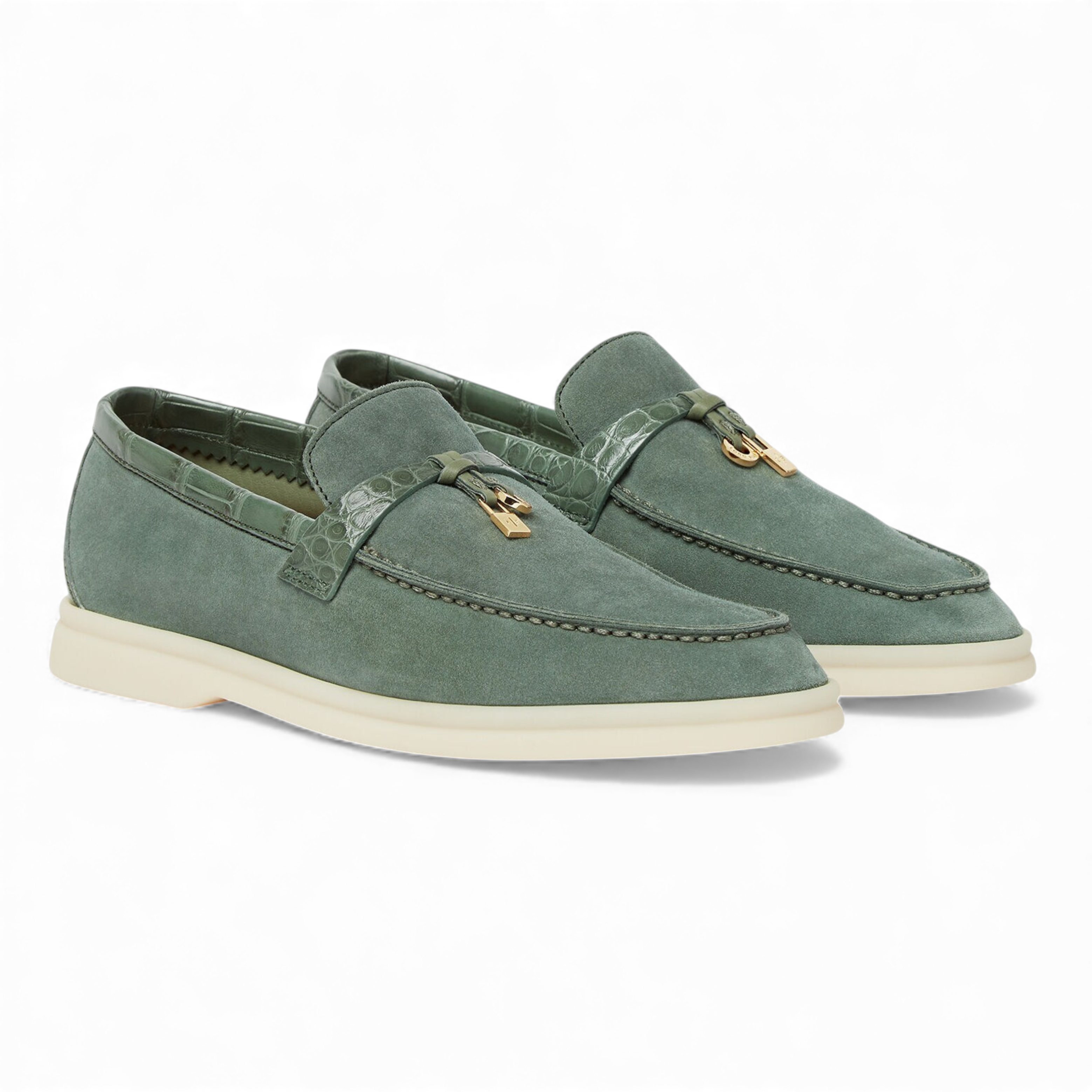 Loro Piana Summer Charms Walk Suede Loafers Green Lagoon Alligator Detail Size 36.5