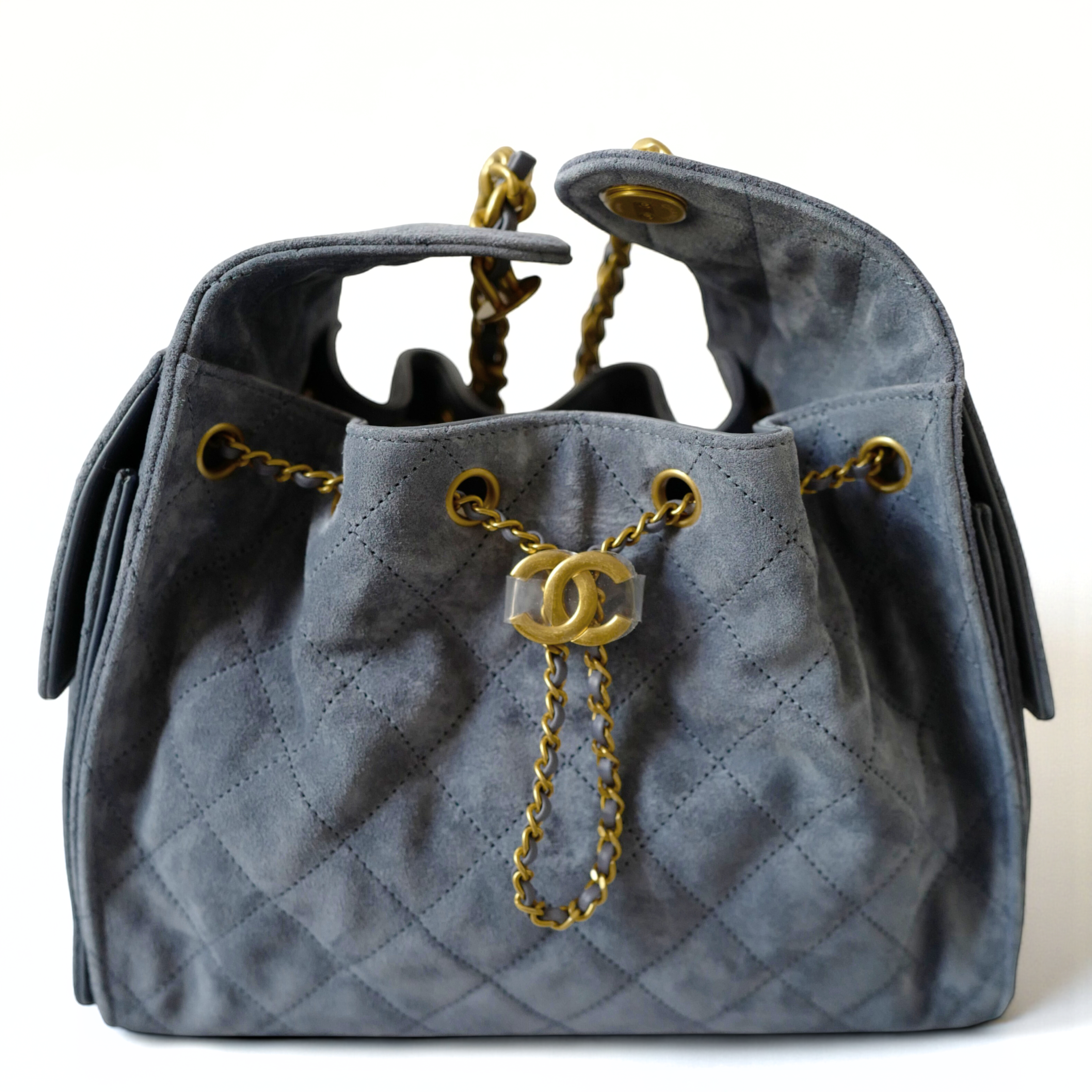 BNIB Chanel Hobo Bag 25K Blue Suede Quilted Gold Chain CC Logo