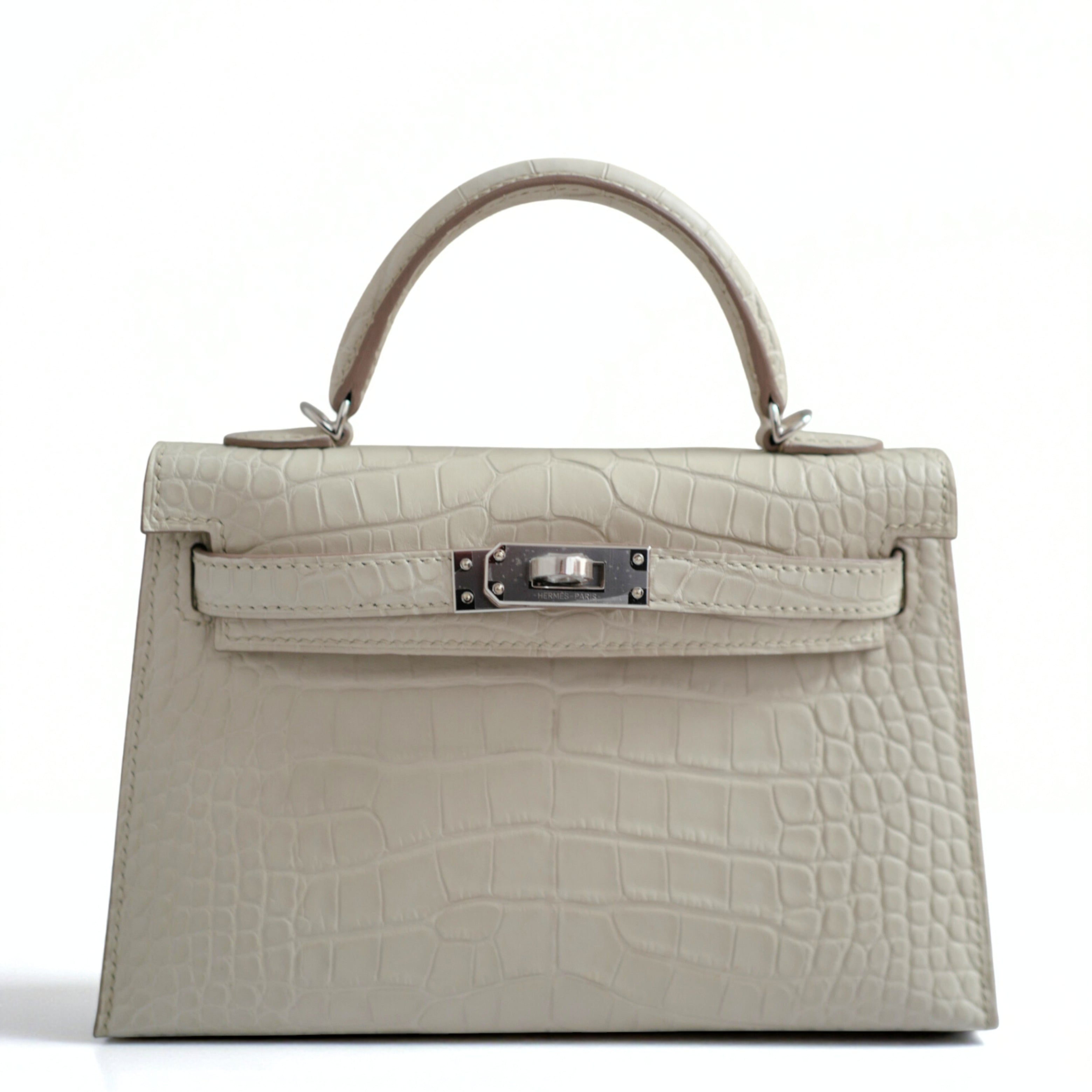 BNIB Hermès Mini Kelly 20 Beton Matte Crocodile with Palladium Hardware Stamp K