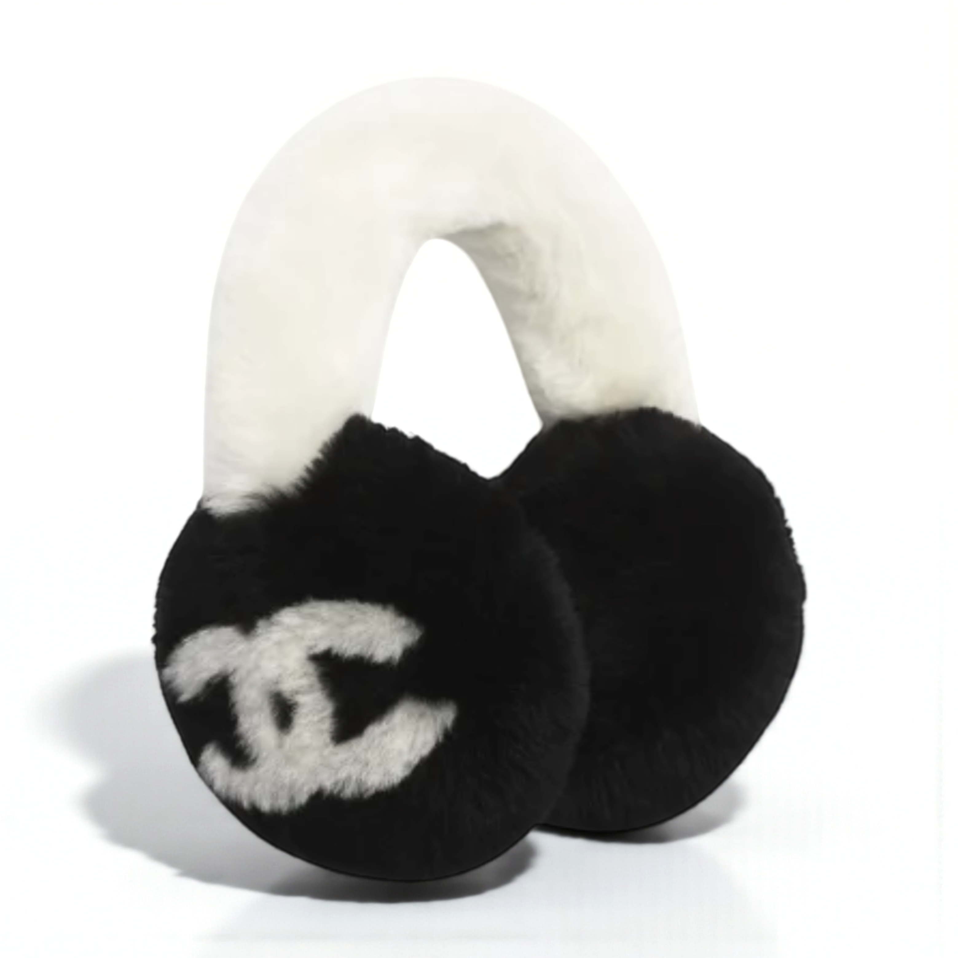 BNIB Chanel 25N Coco Neige Shearling Earmuffs in Black and White