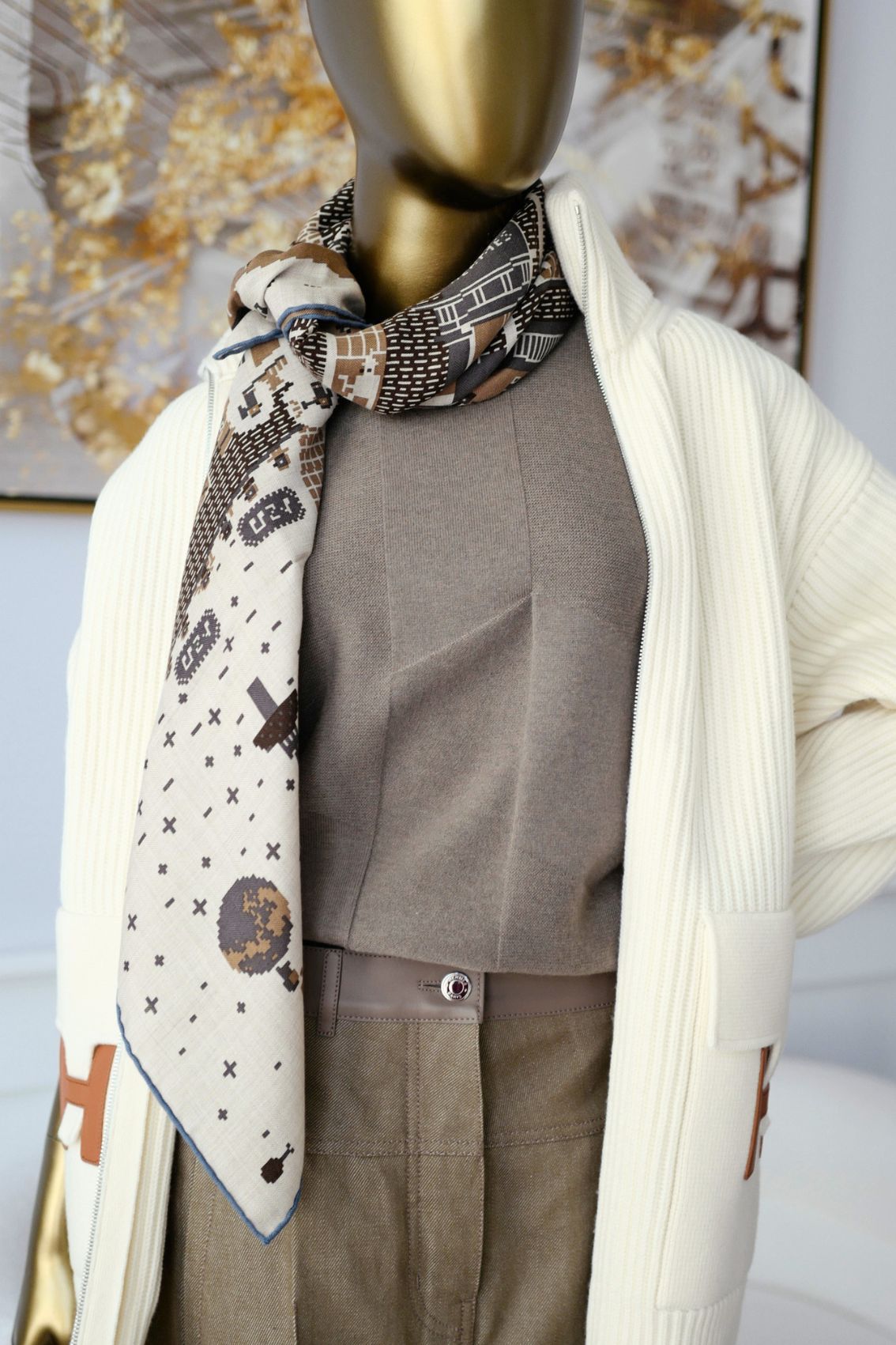 Hermès Scarf Madison Party Beige/Denim/Caramel Cashmere Silk 100