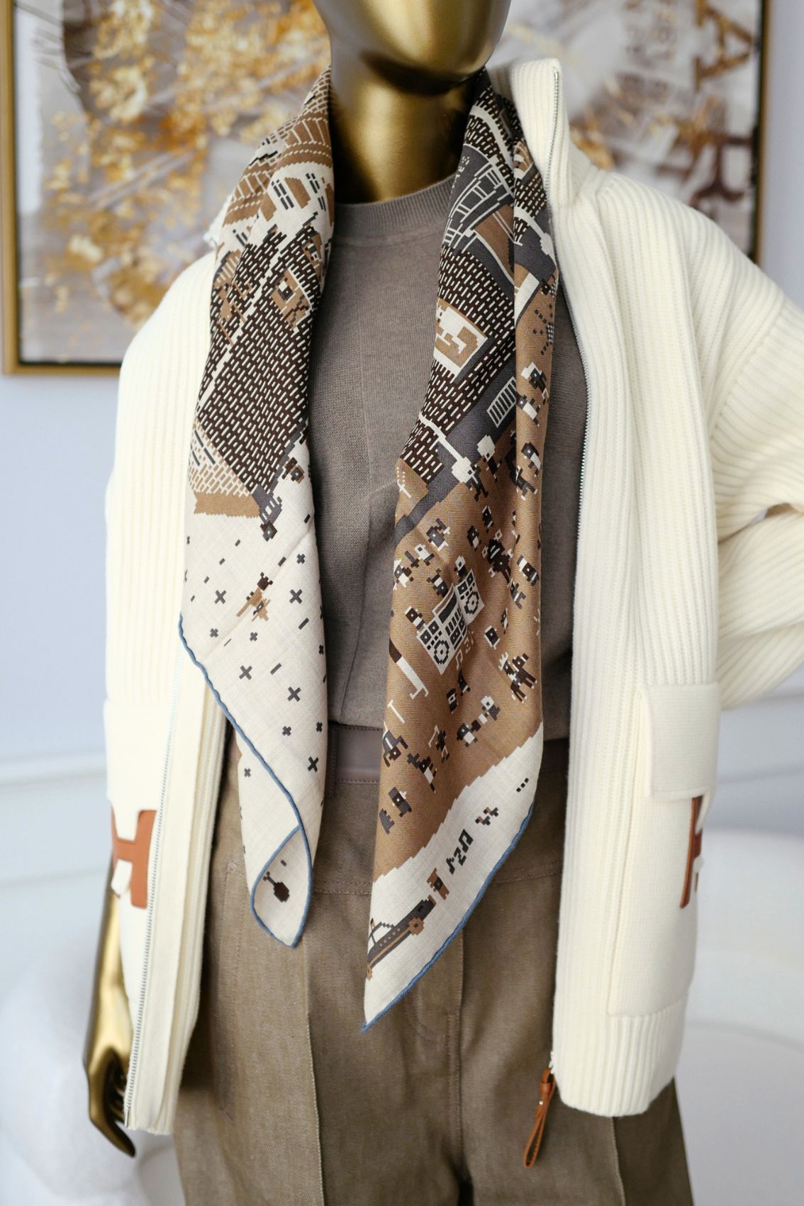Hermès Scarf Madison Party Beige/Denim/Caramel Cashmere Silk 100