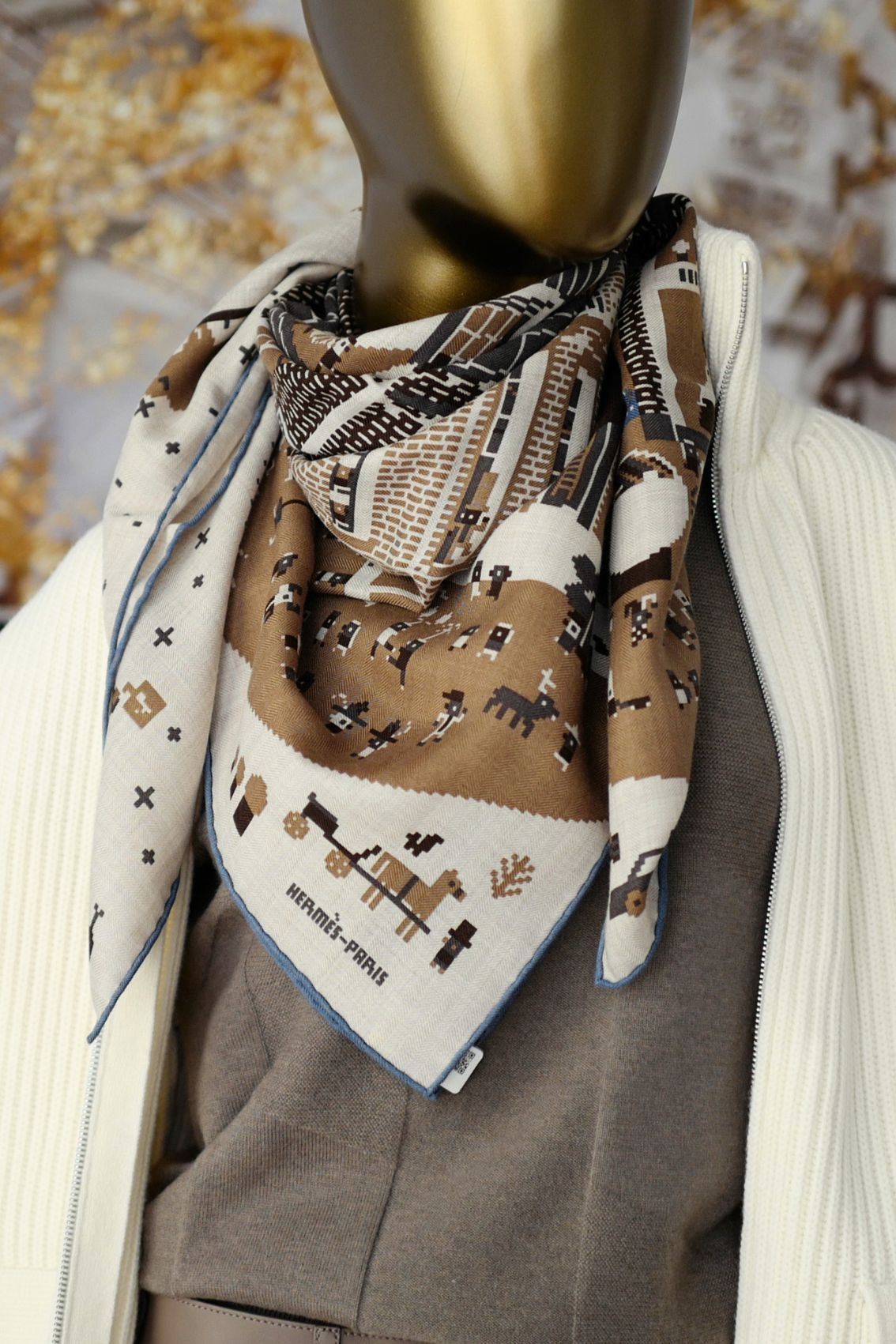 Hermès Scarf Madison Party Beige/Denim/Caramel Cashmere Silk 100