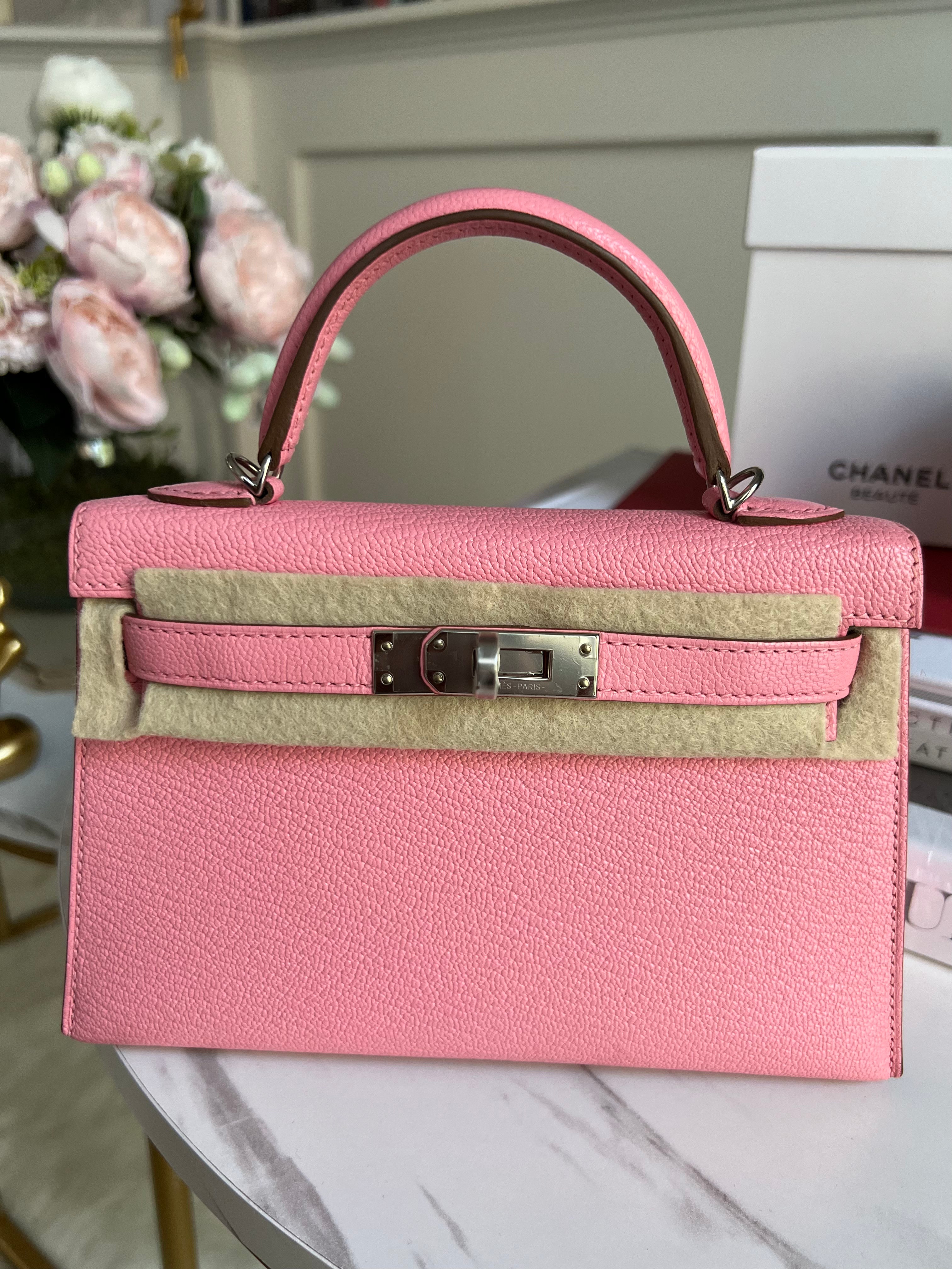 Hermes Mini Kelly Pink Rose Confetti Chevre Palladium Hardware With Strap NEW