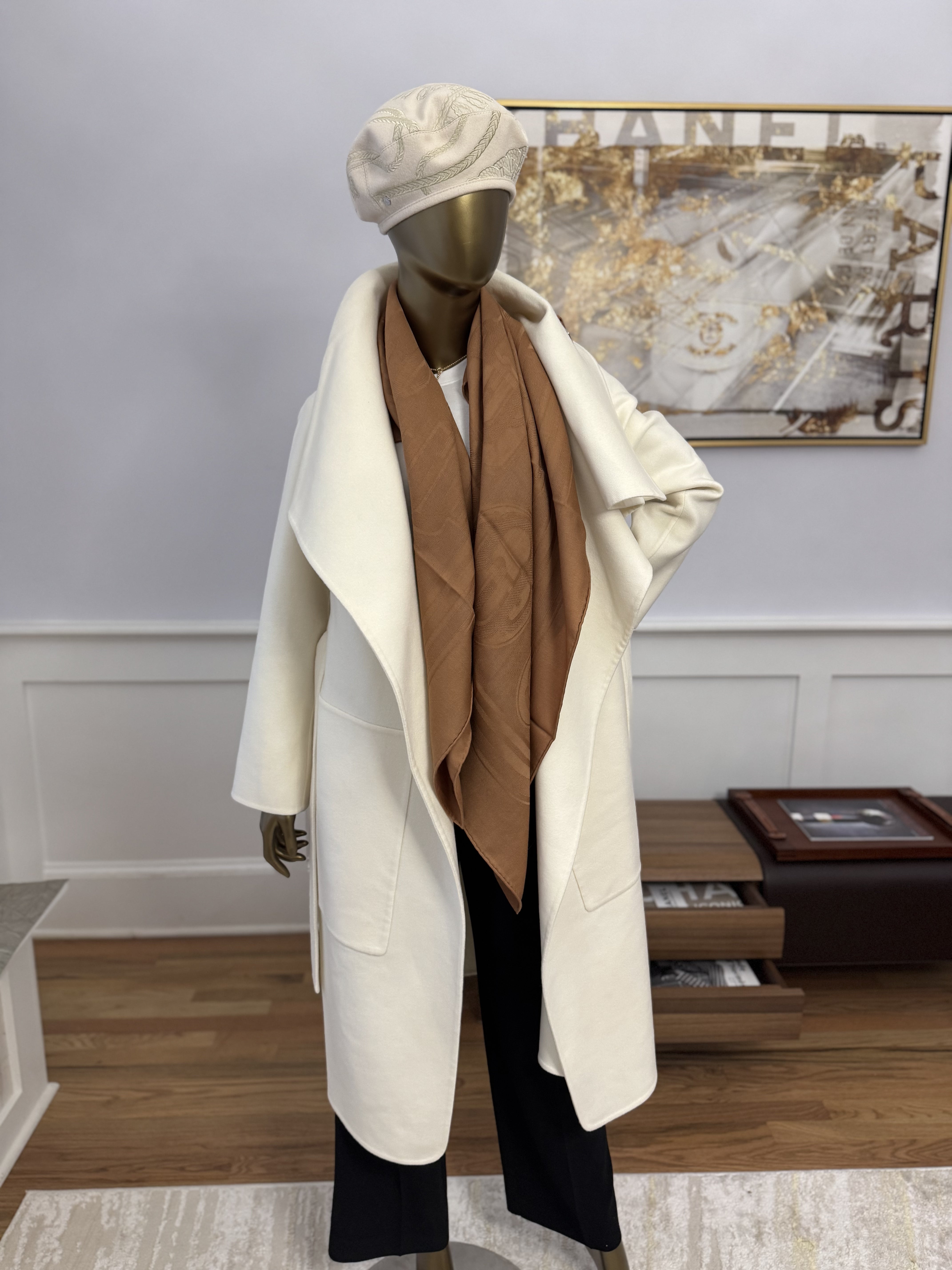 New Hermes Long Coat Manteau Inspiration Double Cashmere with Leather Strap in Blanc Couverture 34