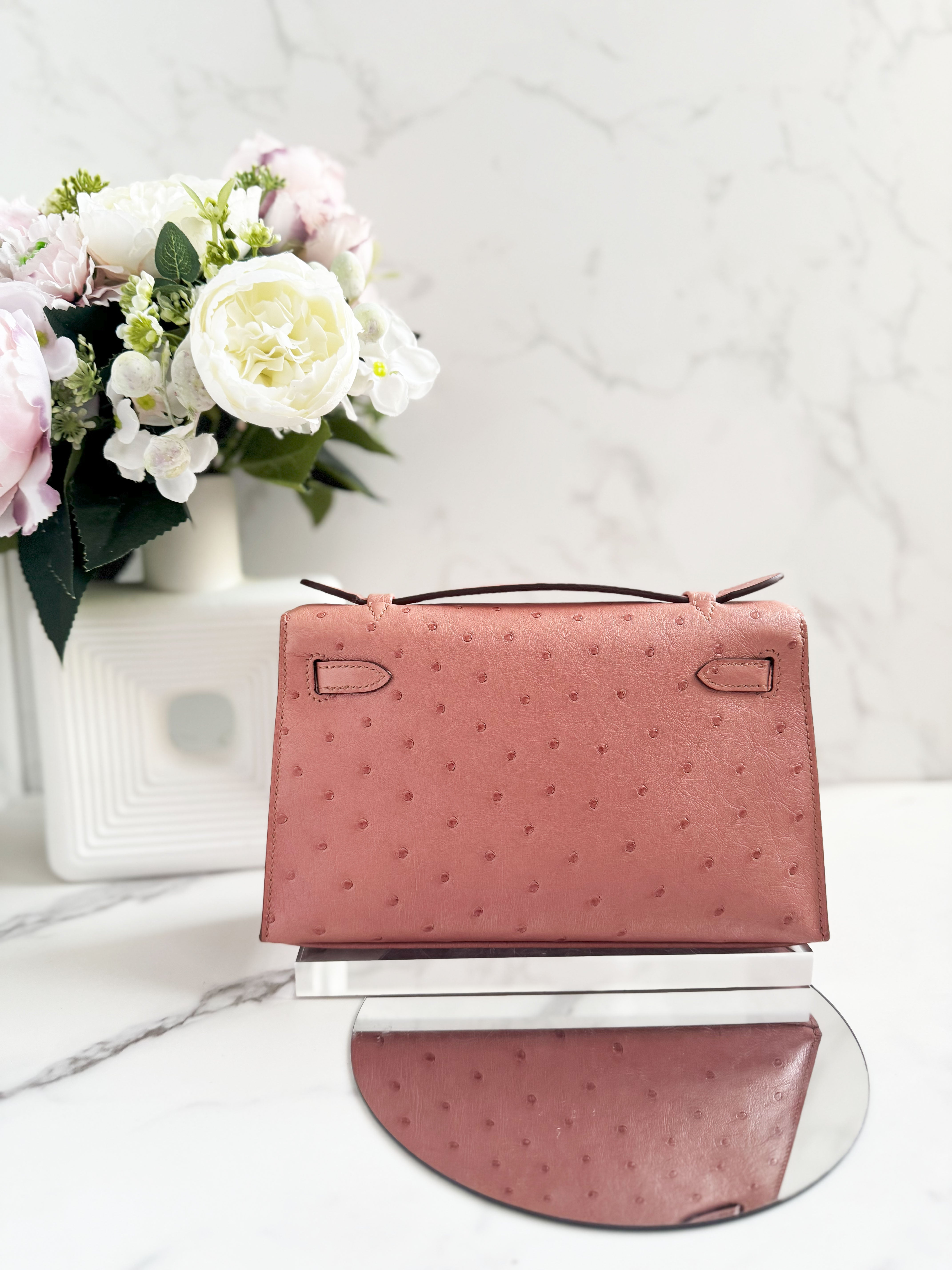 BNIB Hermès Kelly Pochette Clutch Terre Cuite Ostrich with Palladium Hardware
