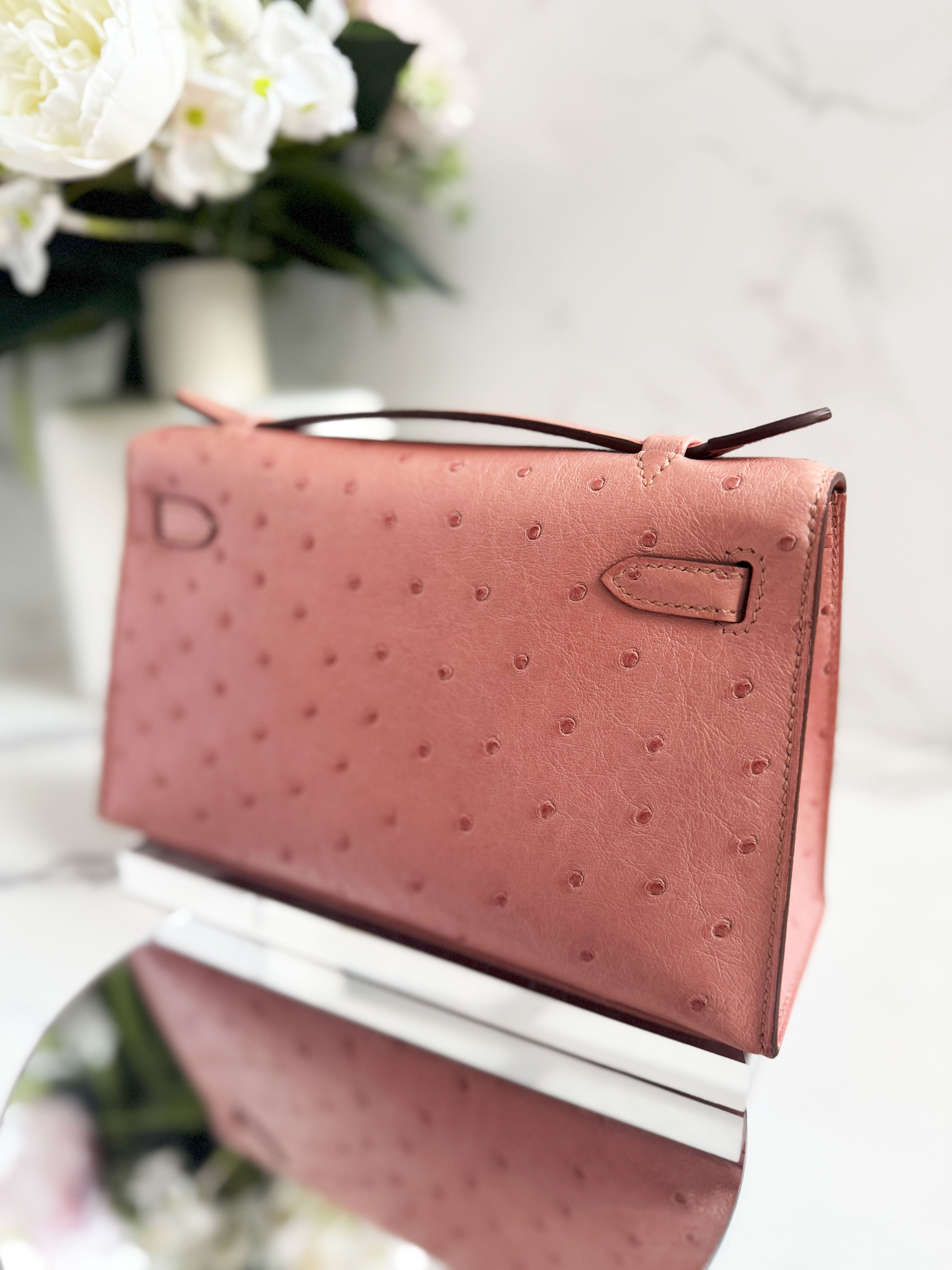 BNIB Hermès Kelly Pochette Clutch Terre Cuite Ostrich with Palladium Hardware