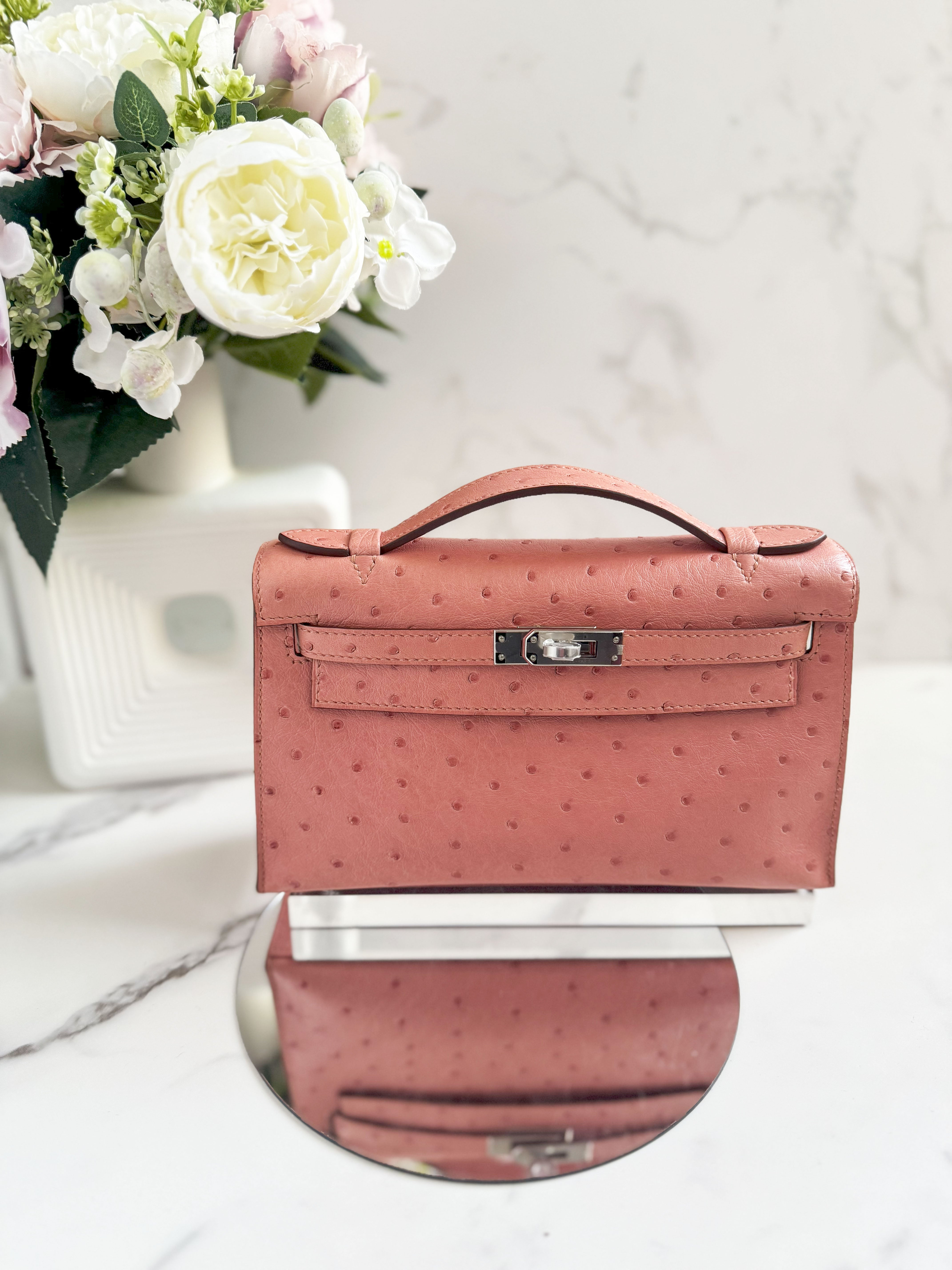 BNIB Hermès Kelly Pochette Clutch Terre Cuite Ostrich with Palladium Hardware