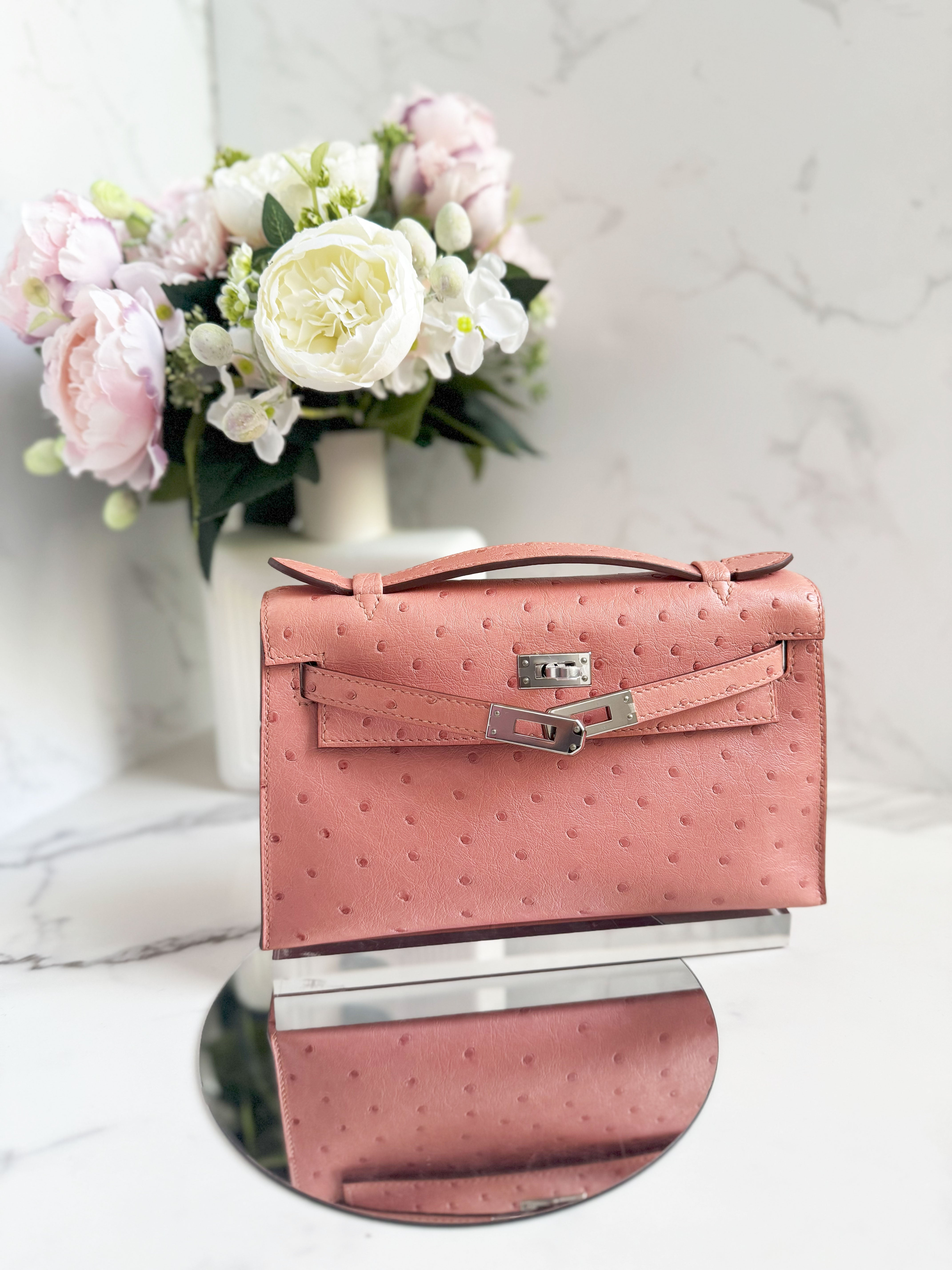 BNIB Hermès Kelly Pochette Clutch Terre Cuite Ostrich with Palladium Hardware