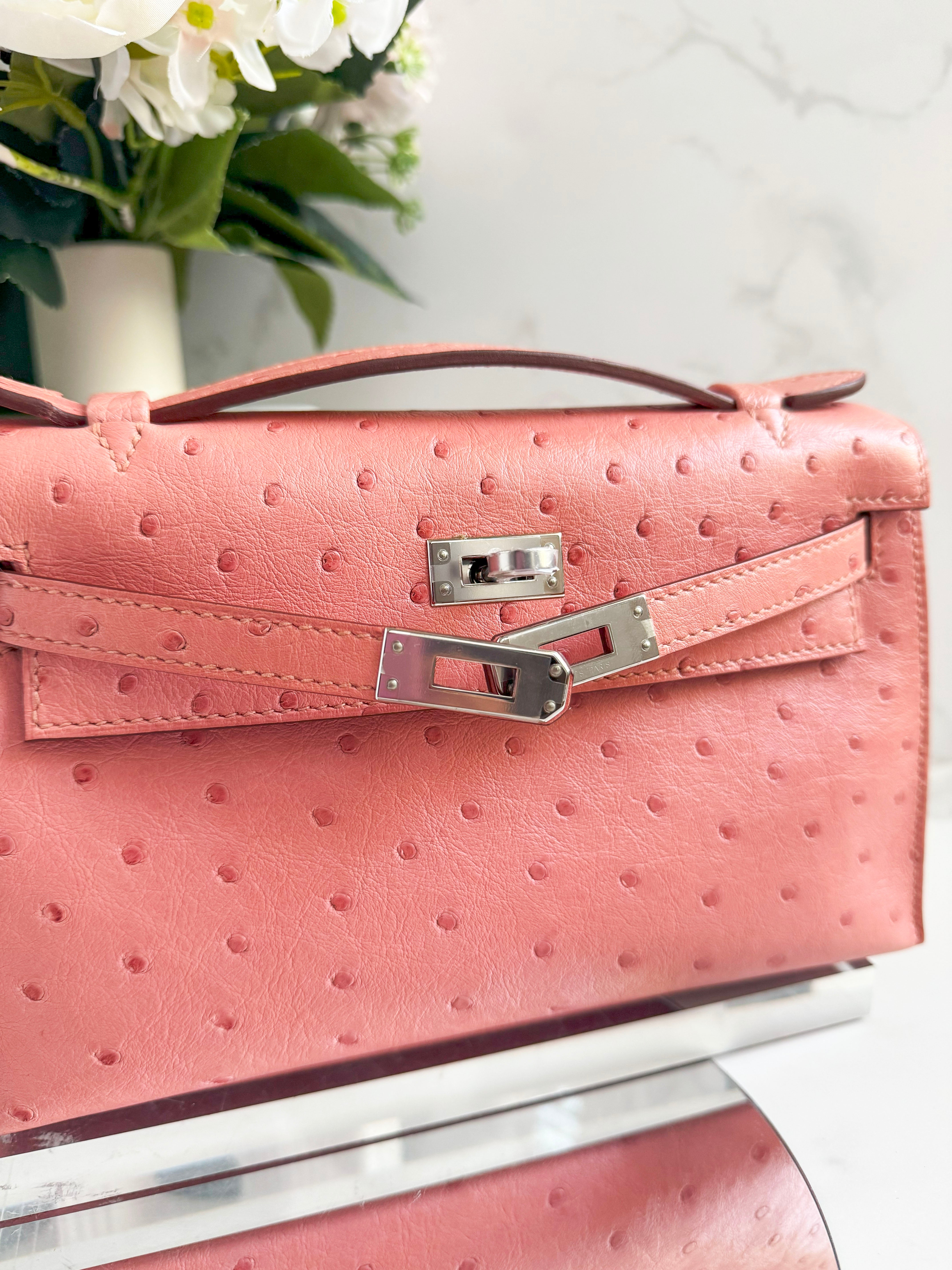 BNIB Hermès Kelly Pochette Clutch Terre Cuite Ostrich with Palladium Hardware