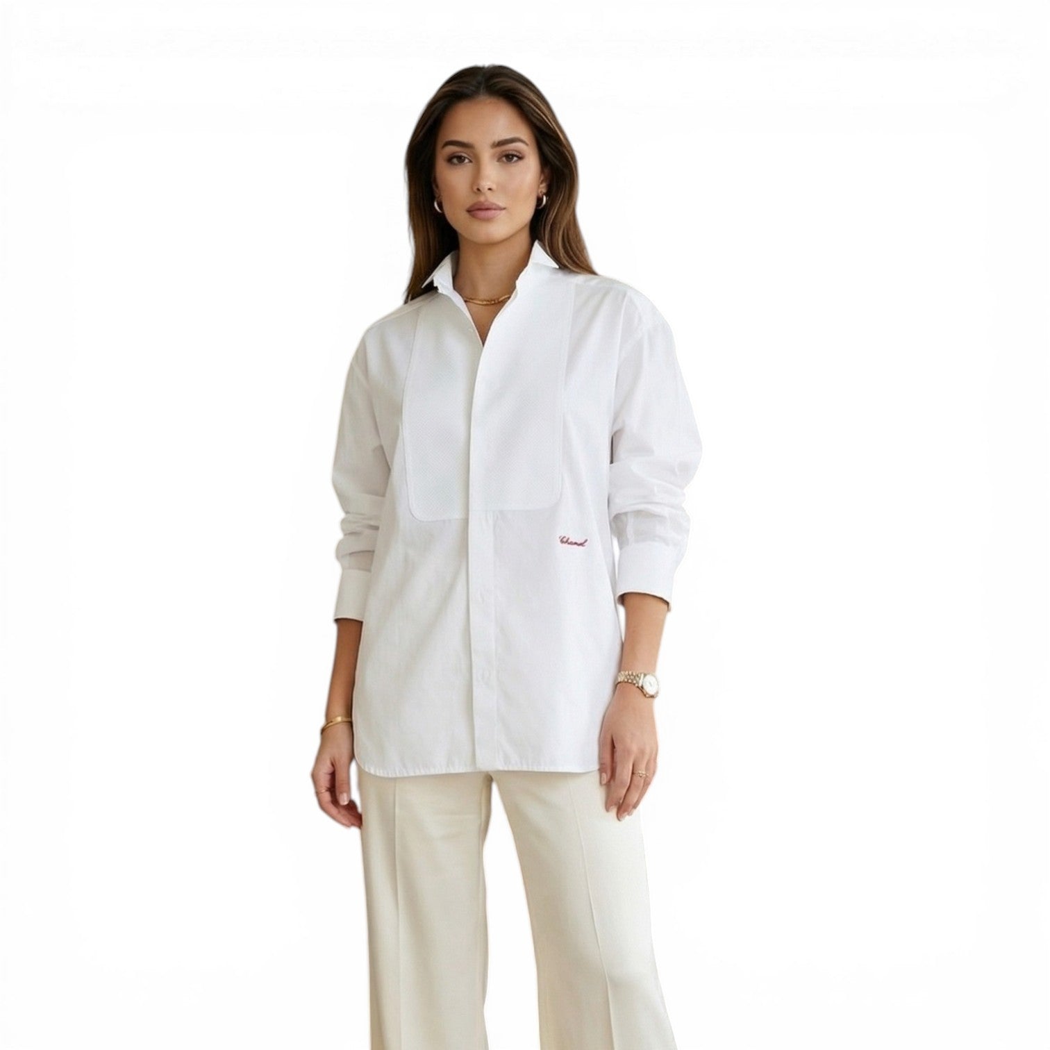 Chanel 26s Long Sleeved Shirt White Cotton with Chain Size 36 Matthieu Blazy’s Spring Summer 2026